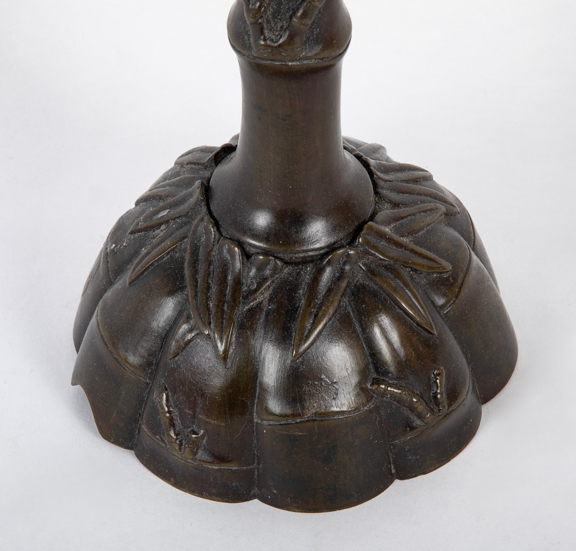 Two Japanese Candlesticks in Bronze as Bamboo with Fauna and Snails