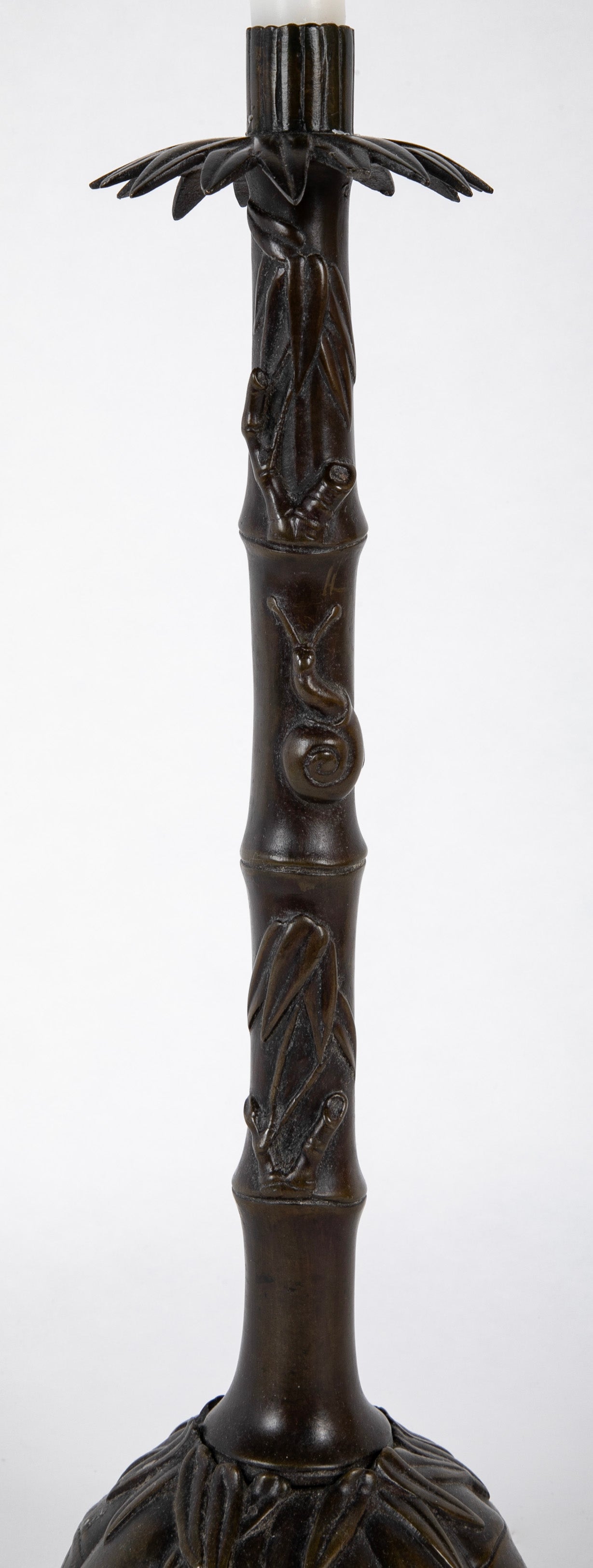Two Japanese Candlesticks in Bronze as Bamboo with Fauna and Snails
