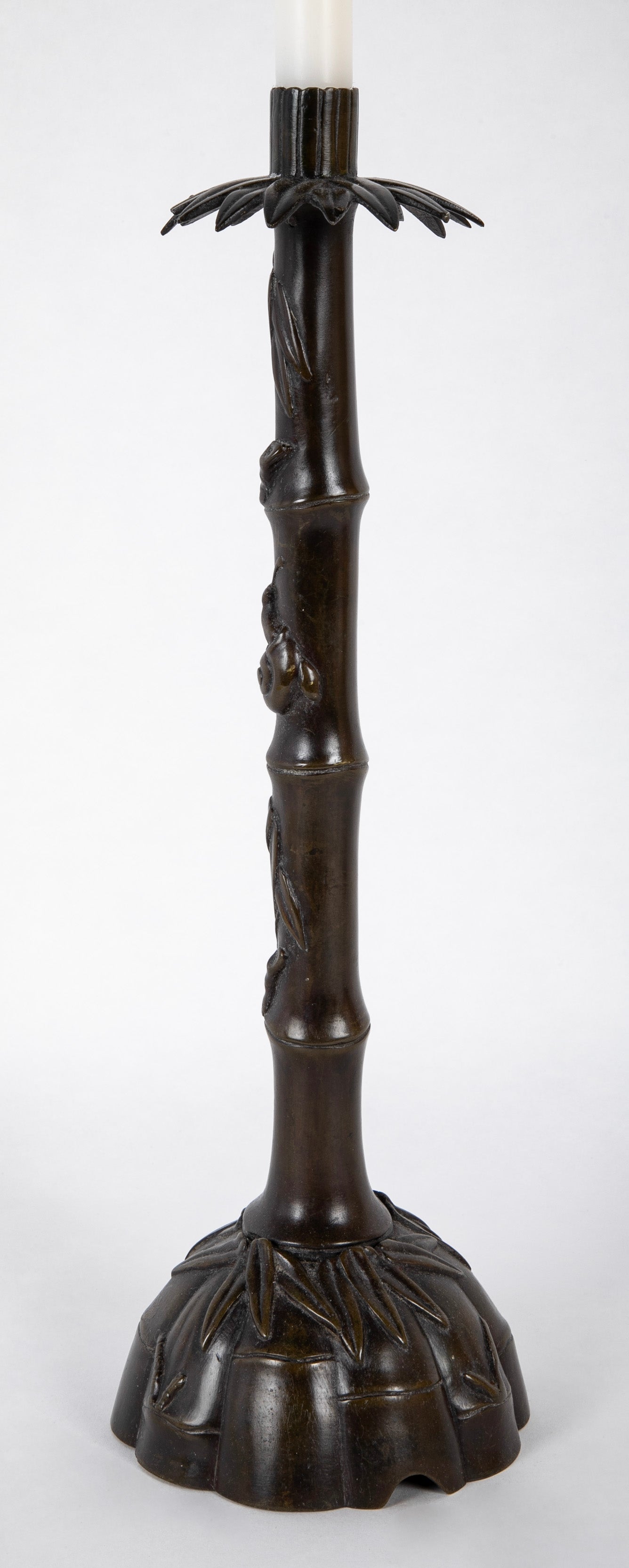Two Japanese Candlesticks in Bronze as Bamboo with Fauna and Snails