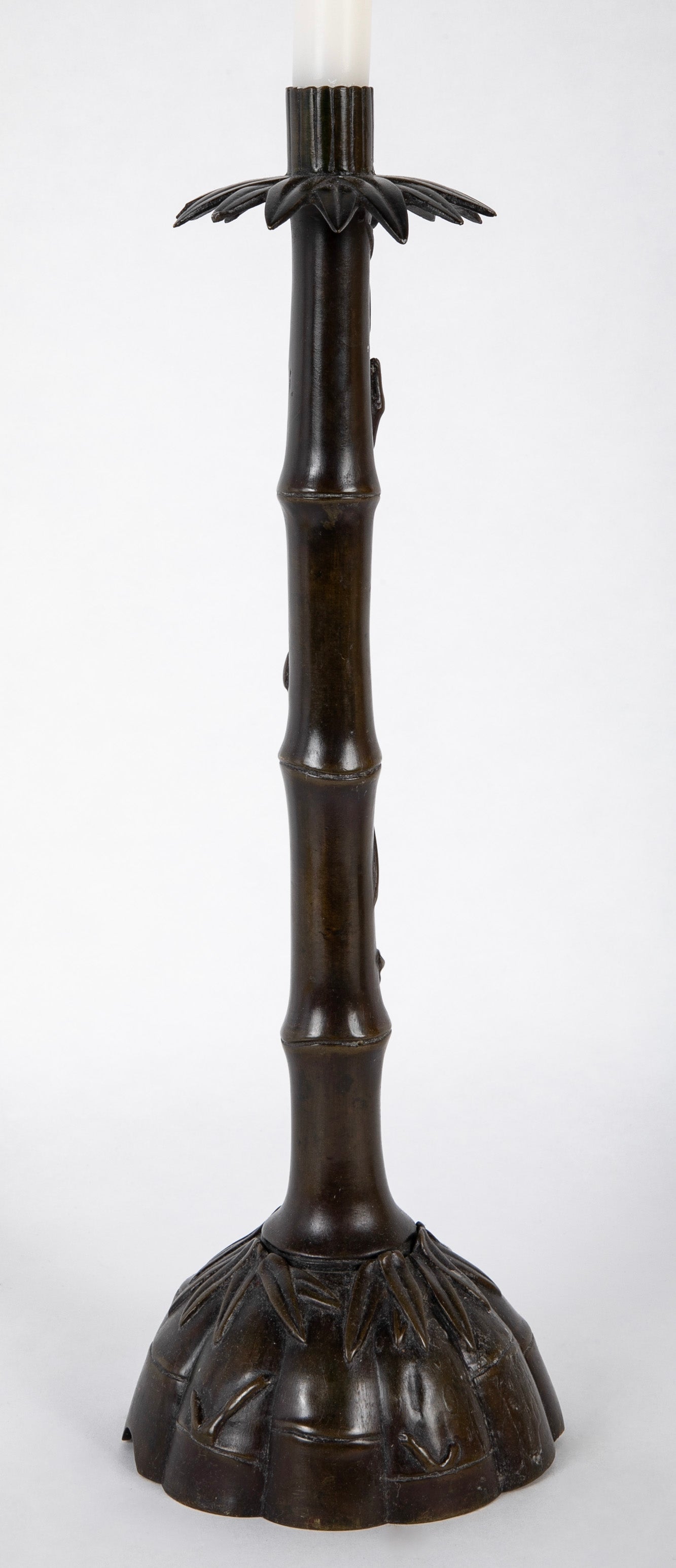 Two Japanese Candlesticks in Bronze as Bamboo with Fauna and Snails