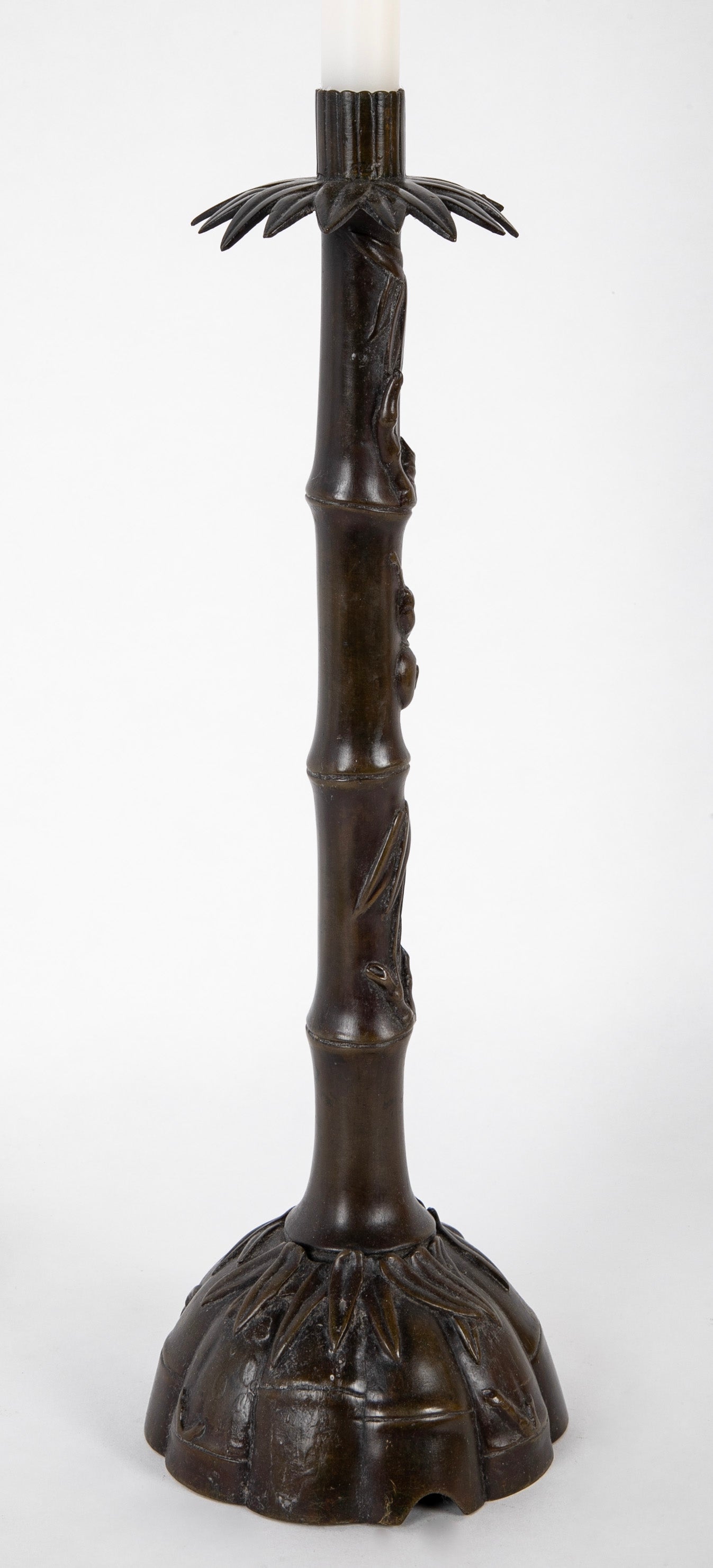 Two Japanese Candlesticks in Bronze as Bamboo with Fauna and Snails