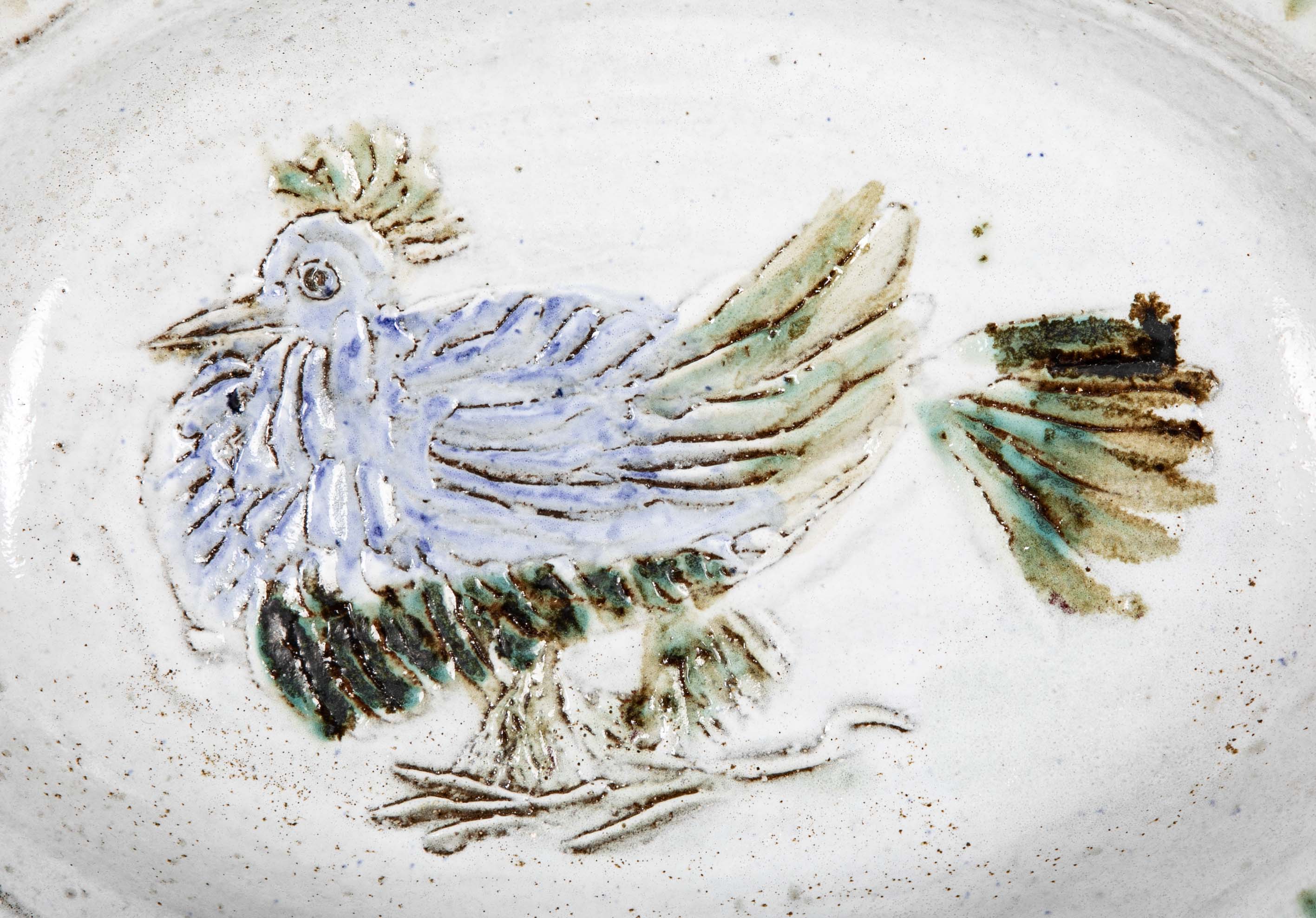 Shallow Ceramic Bowl with Chicken on White by Albert Thiry, Villauris, France