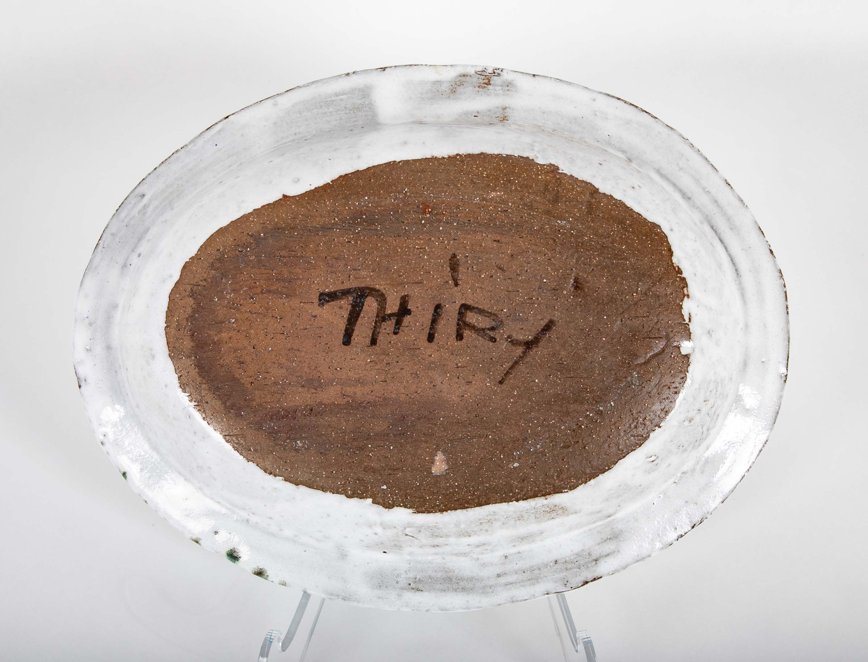 Shallow Ceramic Bowl with Chicken on White by Albert Thiry, Villauris, France
