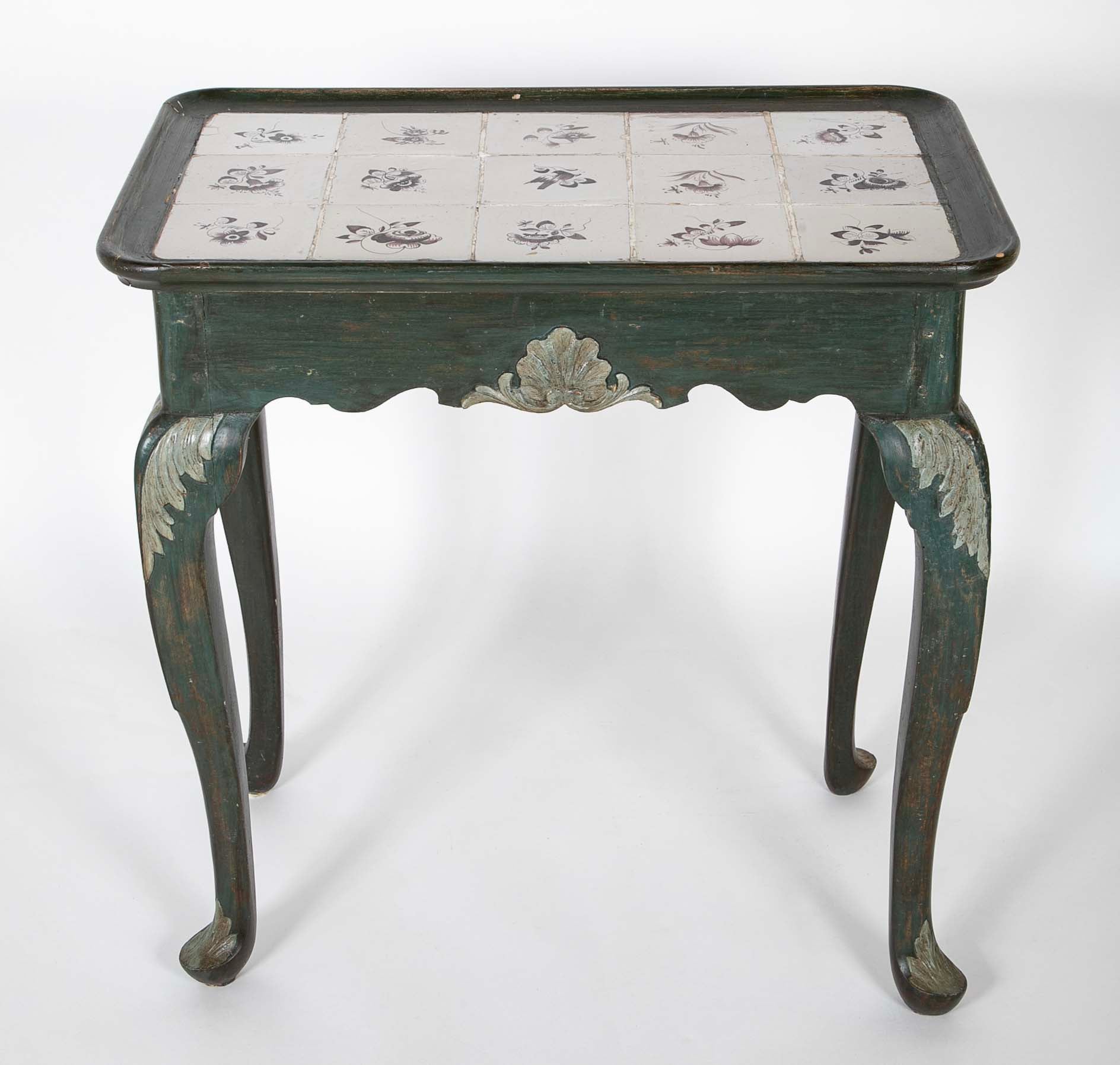 Tile Tripod, Green Painted Wood Rococo Table
