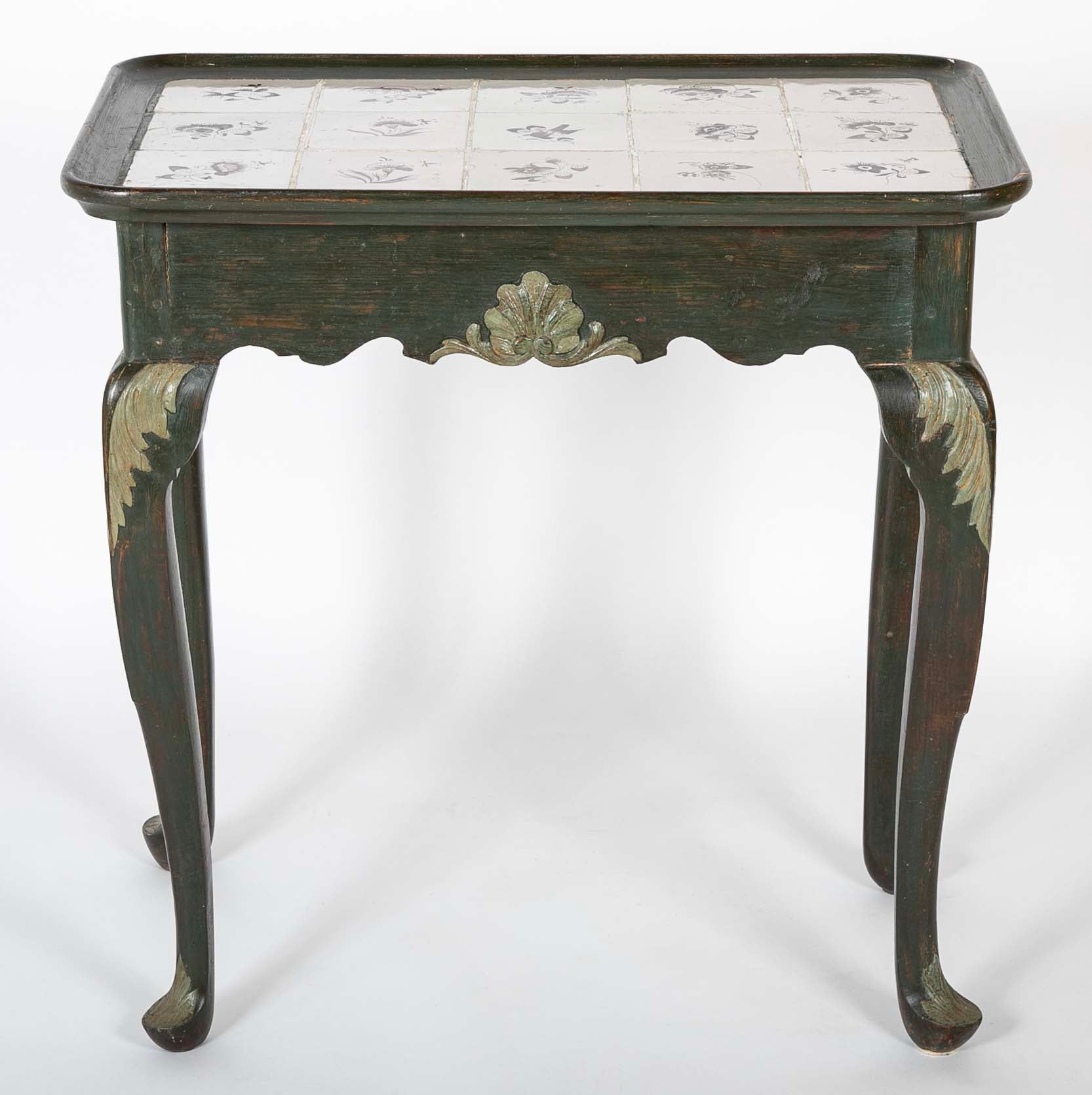 Tile Tripod, Green Painted Wood Rococo Table