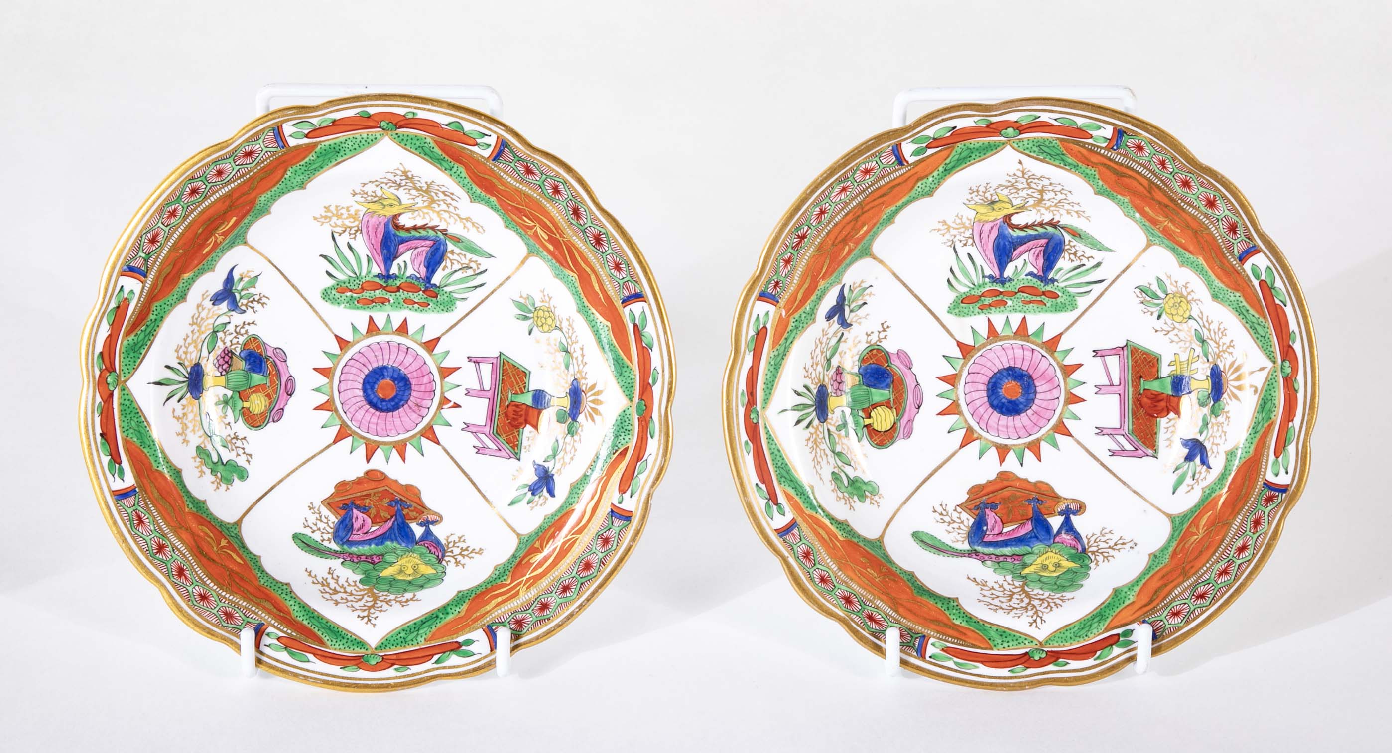 A Pair of Worcester "Dragons in Compartment" Porcelain Soup Plates