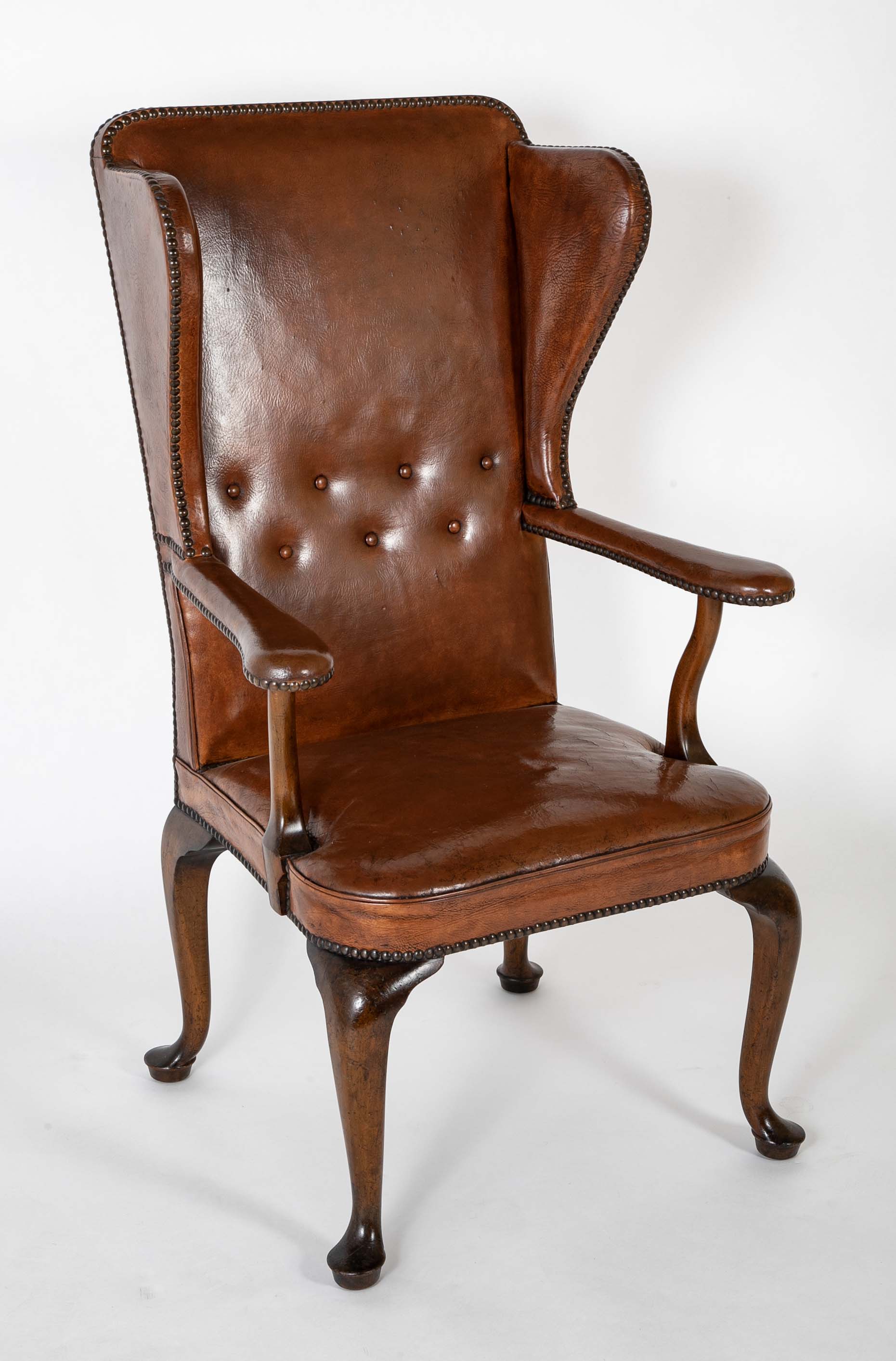 Danish Leather Wingback Chair in Stained Beech with Brass Nail Trim