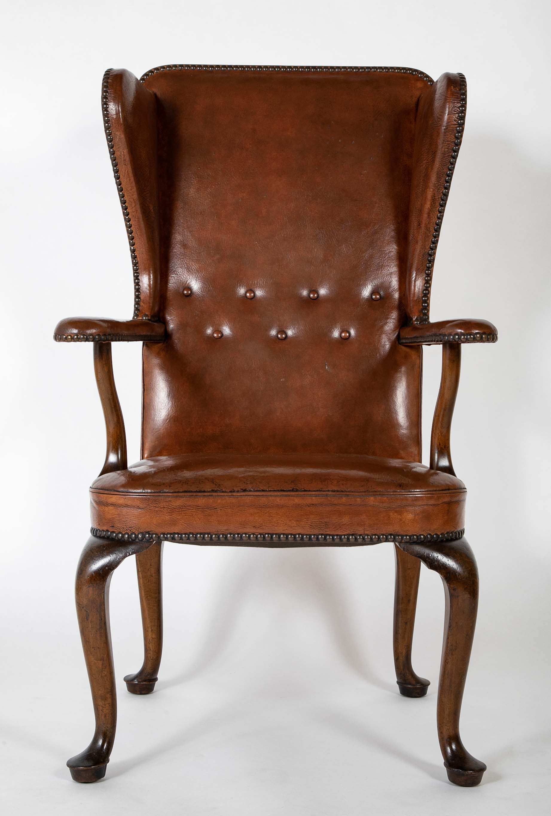 Danish Leather Wingback Chair in Stained Beech with Brass Nail Trim