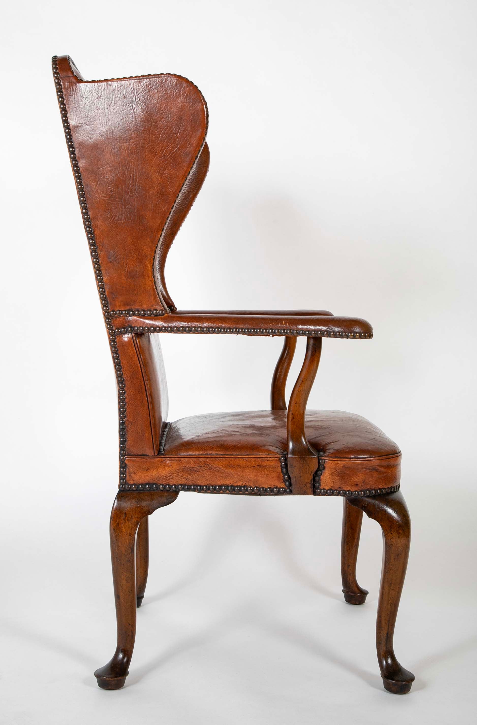 Danish Leather Wingback Chair in Stained Beech with Brass Nail Trim