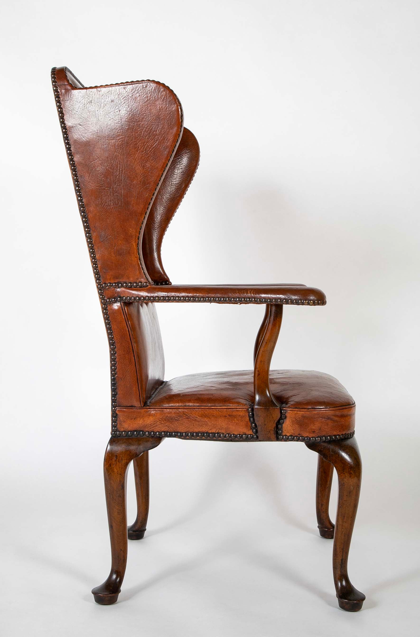 Danish Leather Wingback Chair in Stained Beech with Brass Nail Trim