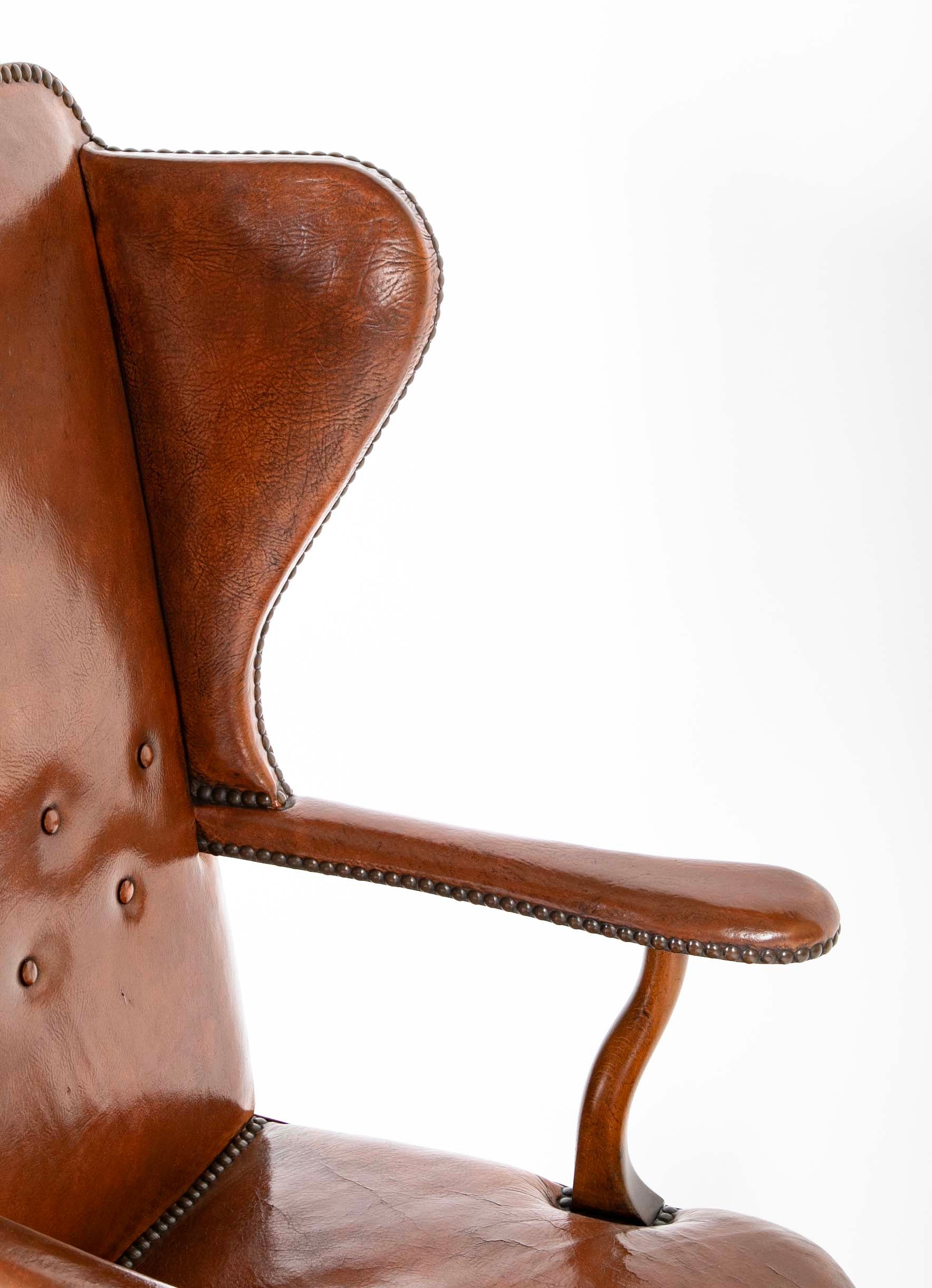 Danish Leather Wingback Chair in Stained Beech with Brass Nail Trim