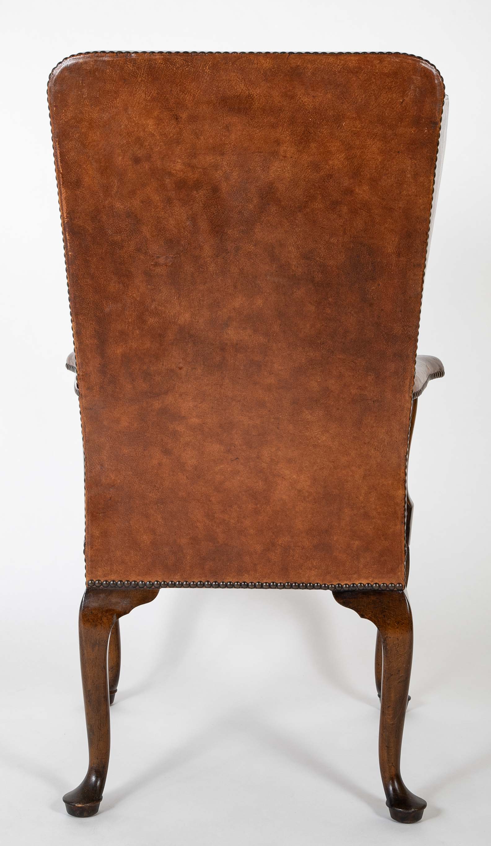 Danish Leather Wingback Chair in Stained Beech with Brass Nail Trim