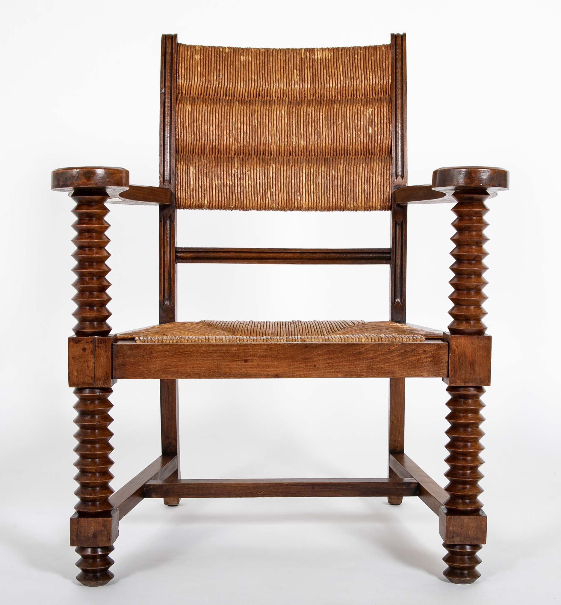 French Wood Armchair with Rush Seat & Back by Charles Dudouyt - 3  Priced Individually