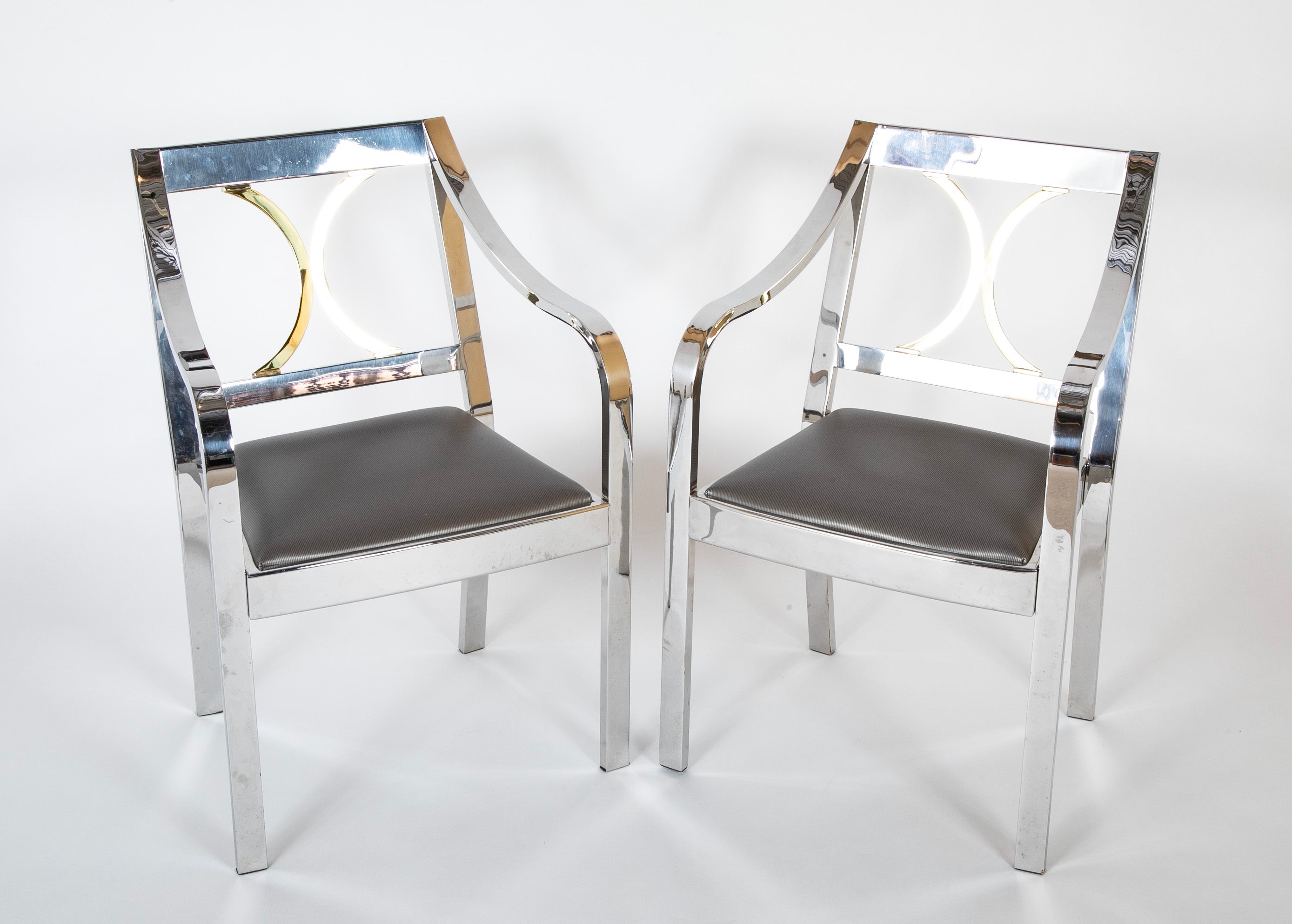 Pair of Karl Springer Armchairs in Polished Steel & Brass