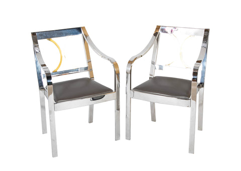 Pair of Karl Springer Armchairs in Polished Steel & Brass