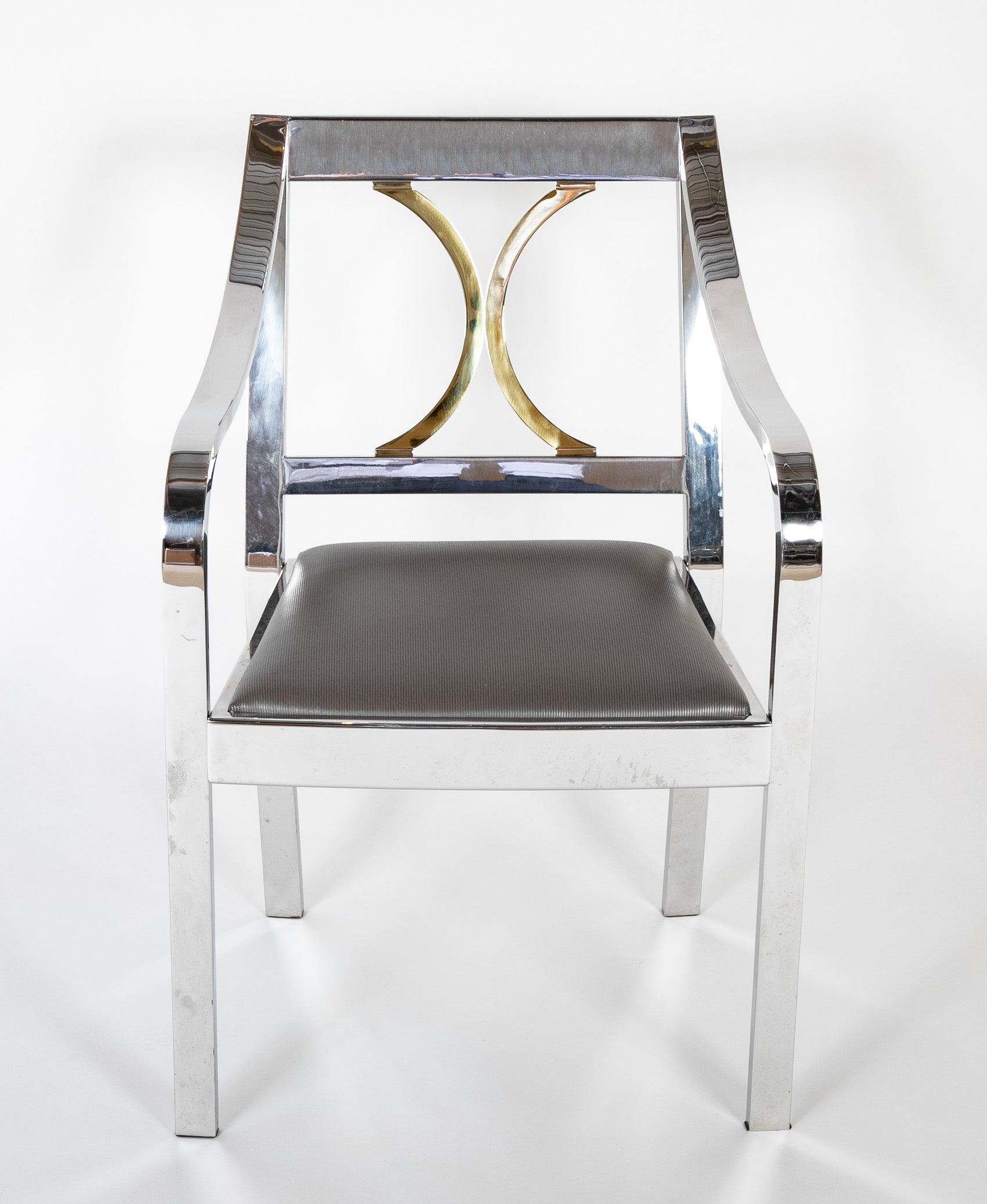 Pair of Karl Springer Armchairs in Polished Steel & Brass