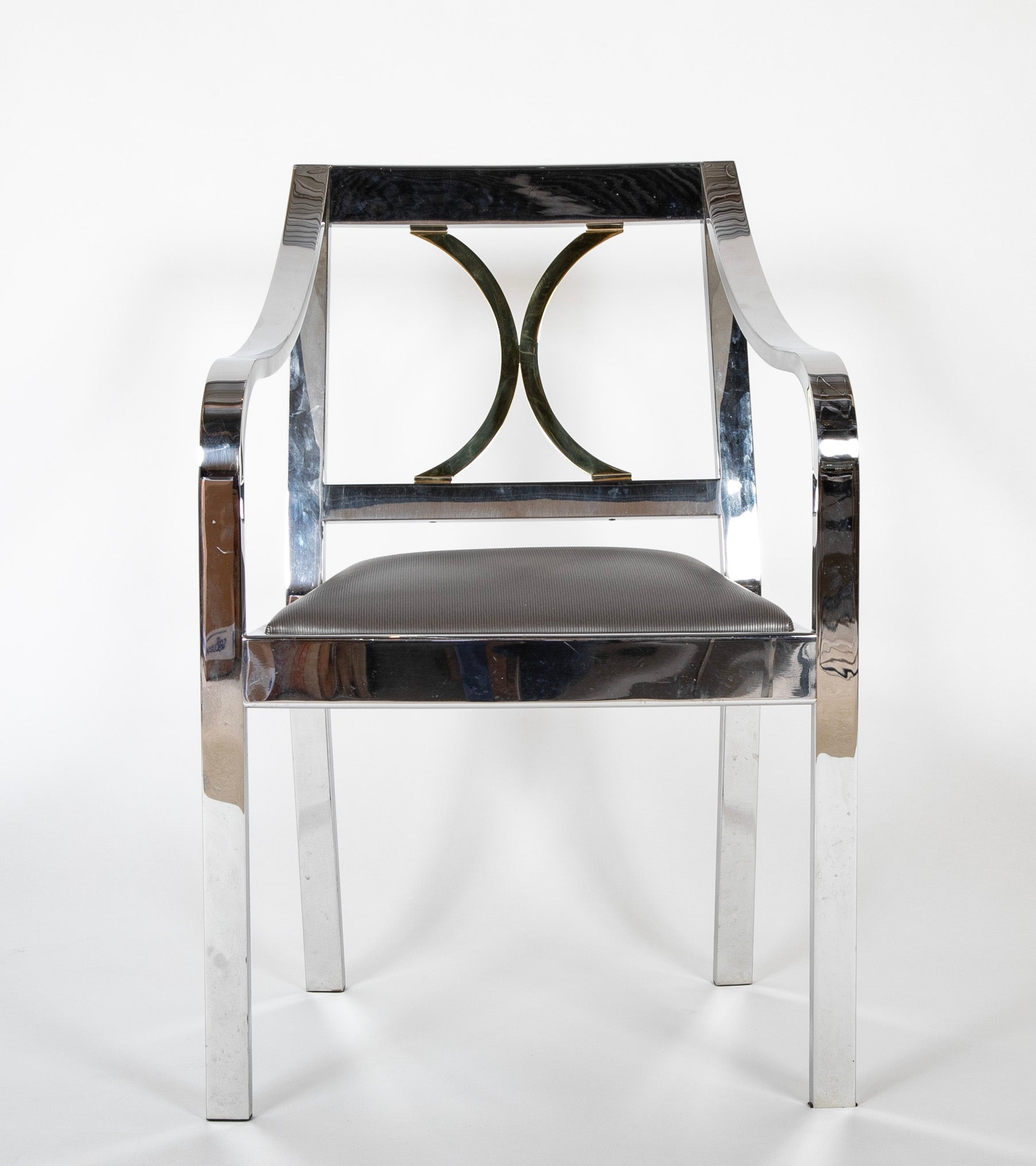 Pair of Karl Springer Armchairs in Polished Steel & Brass