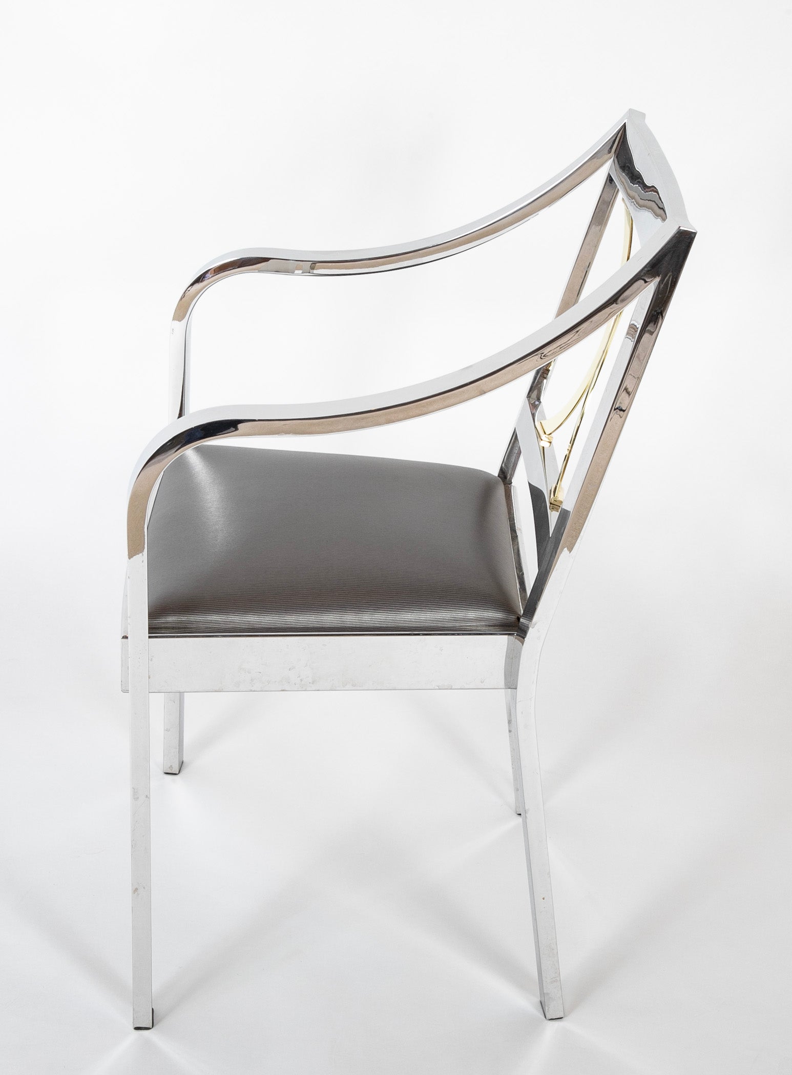 Pair of Karl Springer Armchairs in Polished Steel & Brass