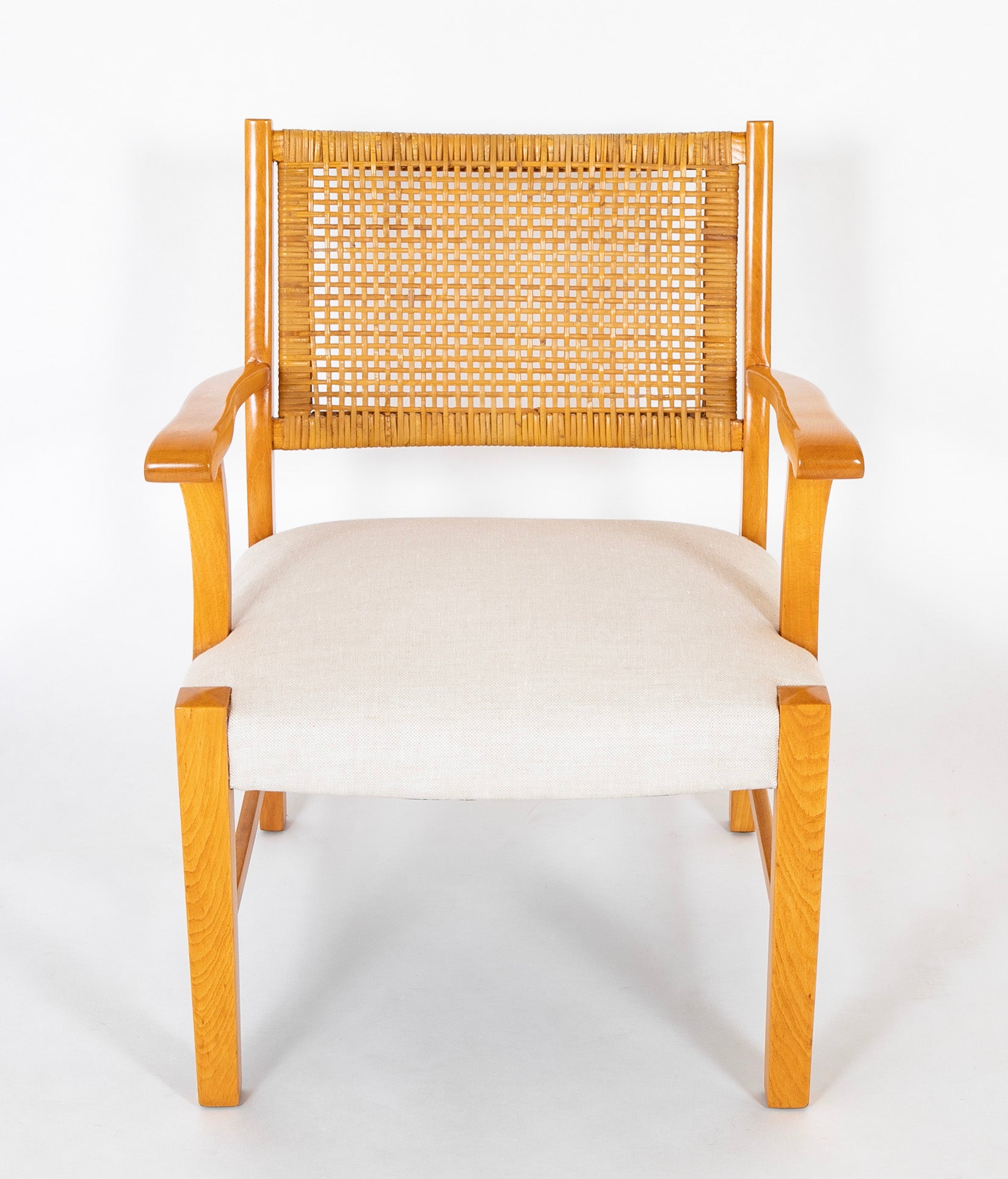 A Mid-Century Beech Frame Armchair with Caned Back