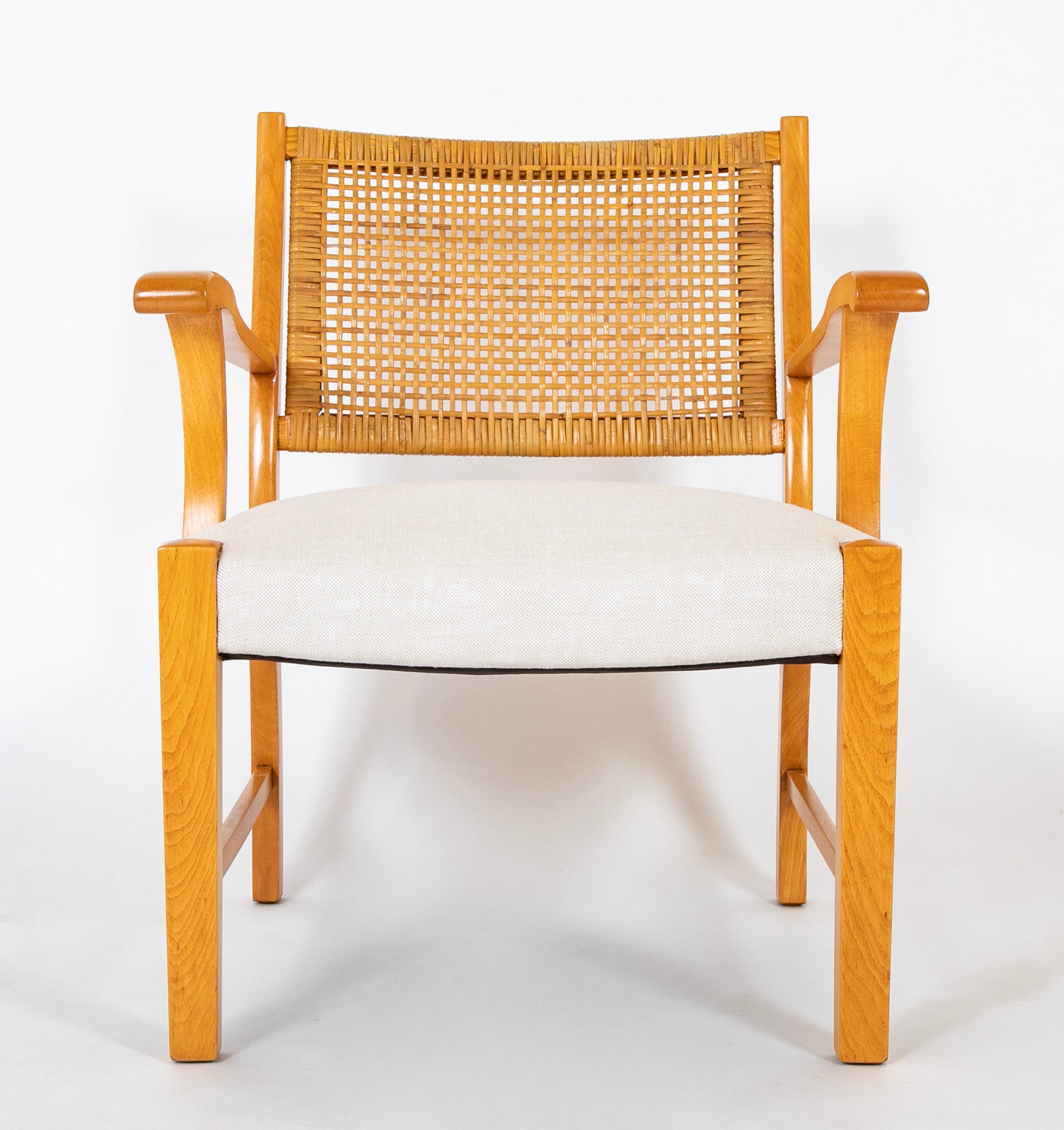 A Mid-Century Beech Frame Armchair with Caned Back