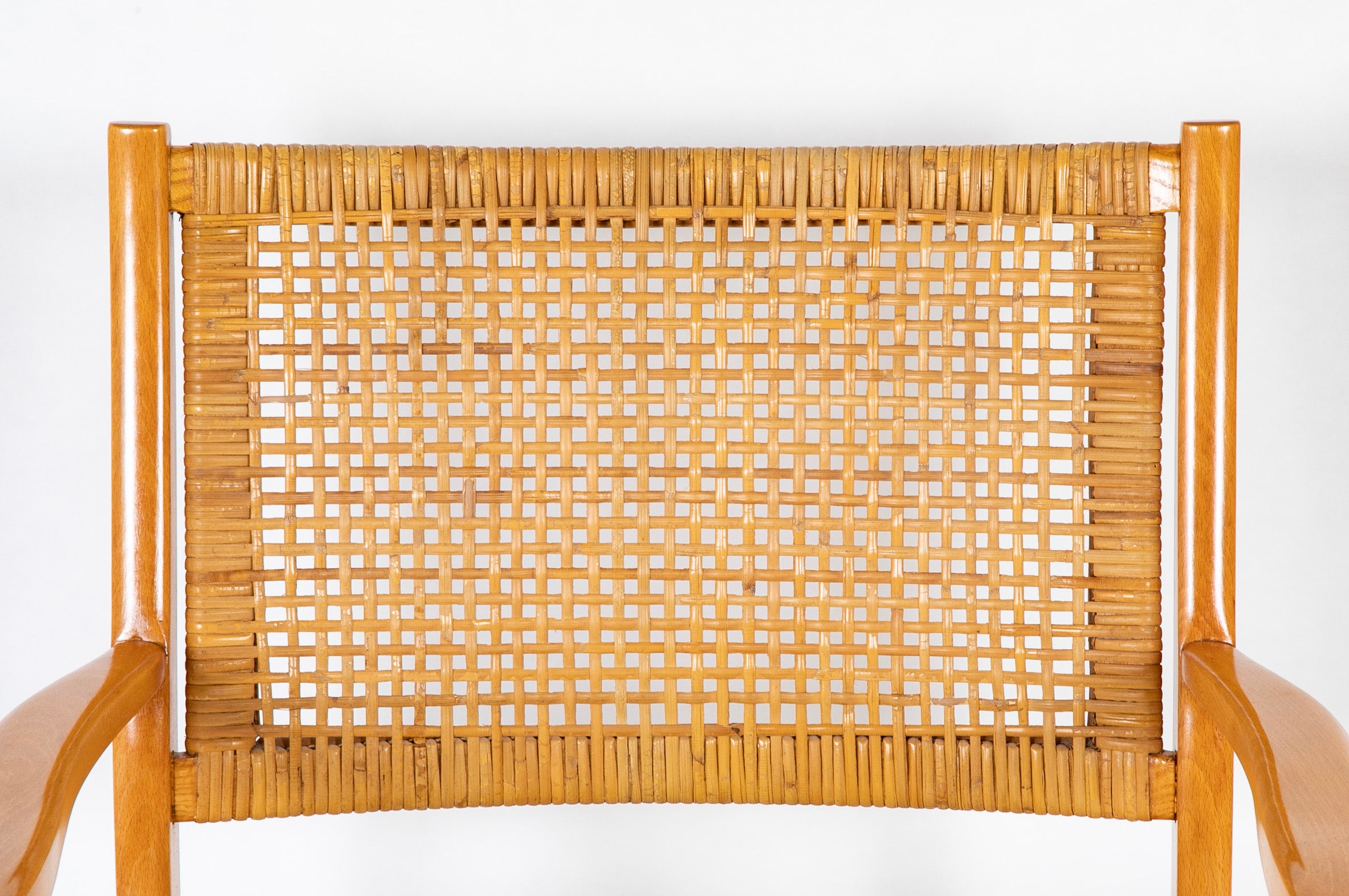 A Mid-Century Beech Frame Armchair with Caned Back