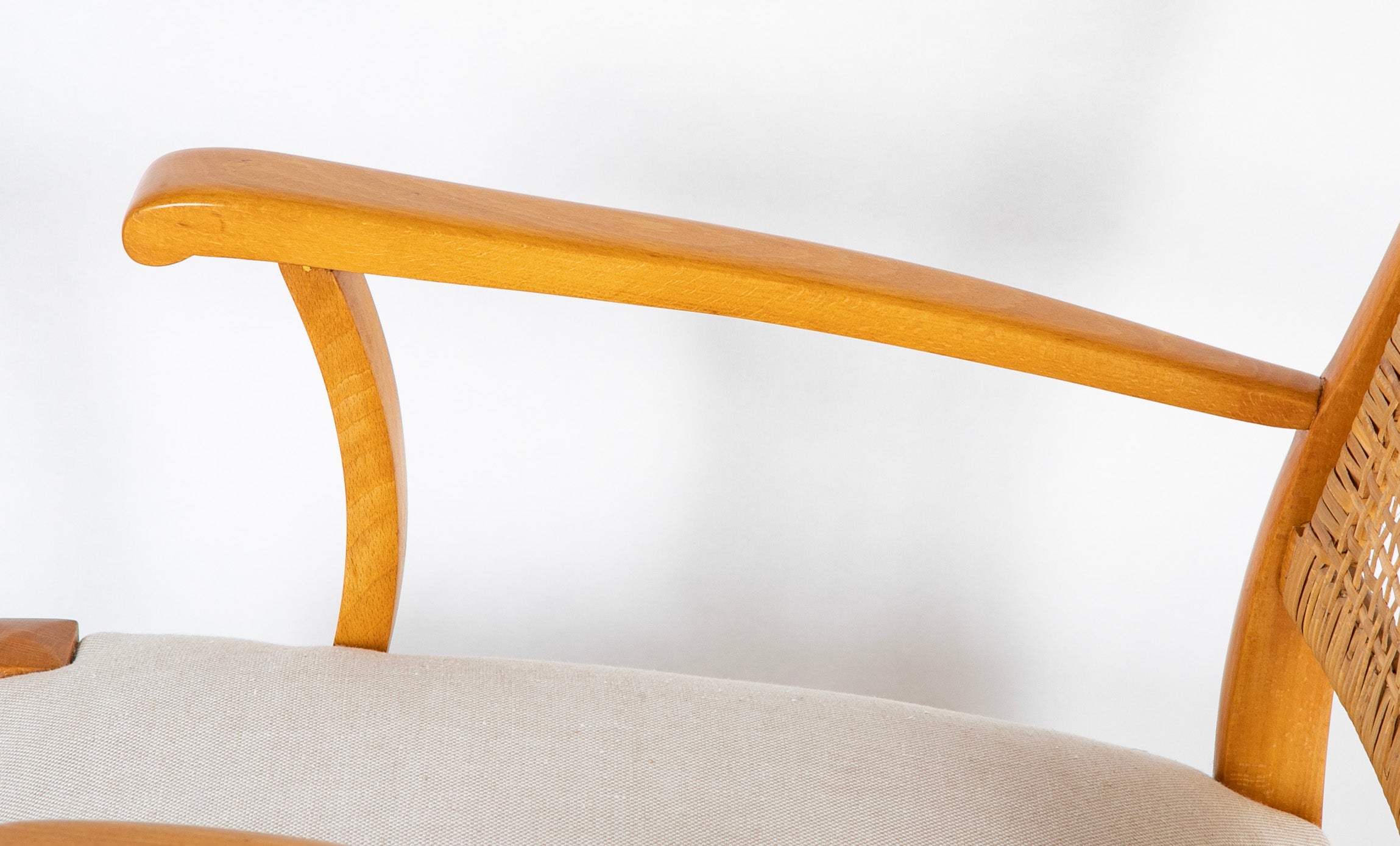 A Mid-Century Beech Frame Armchair with Caned Back