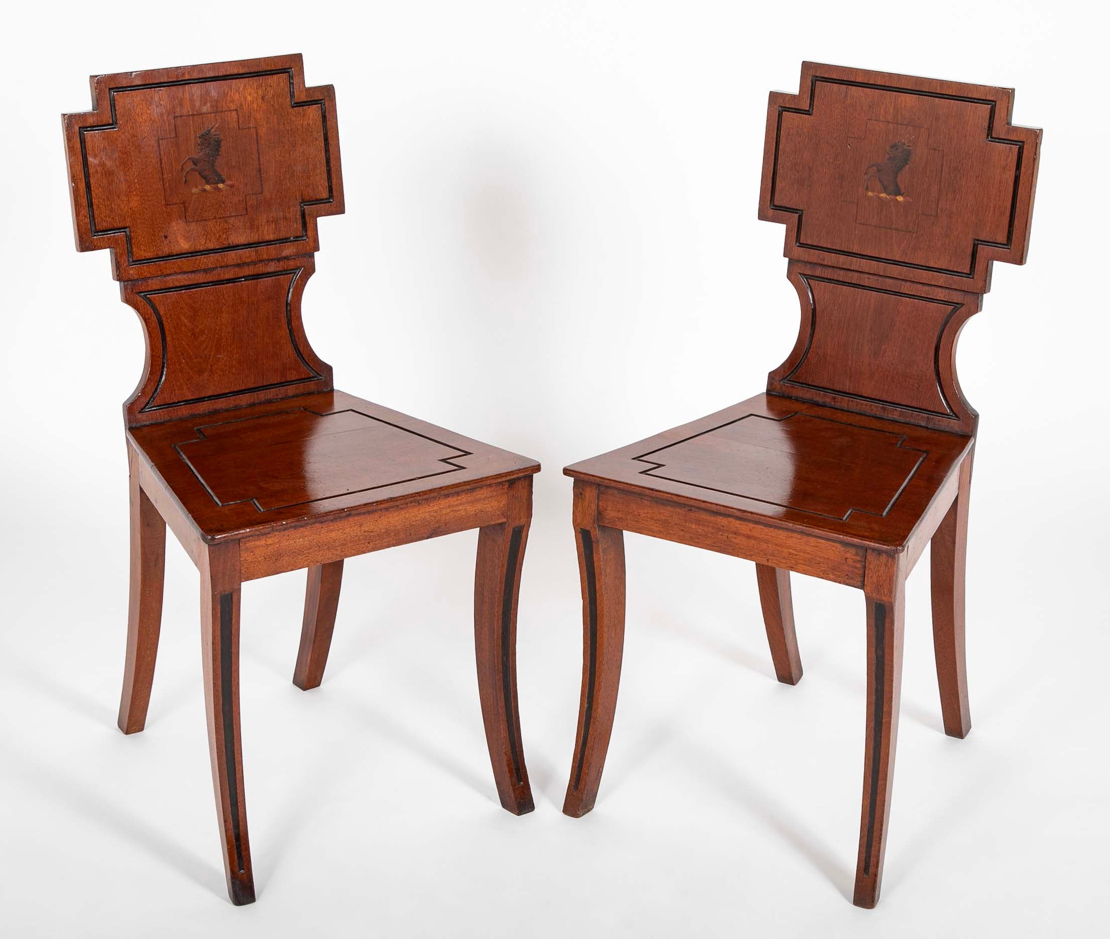 Pair of English Regency Period Mahogany Hall Chairs