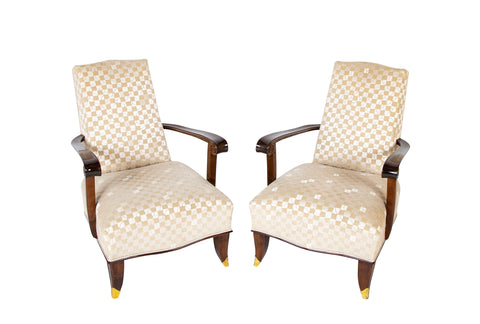 Pair of French Mahogany Upholstered Armchairs with Bronze Sabots