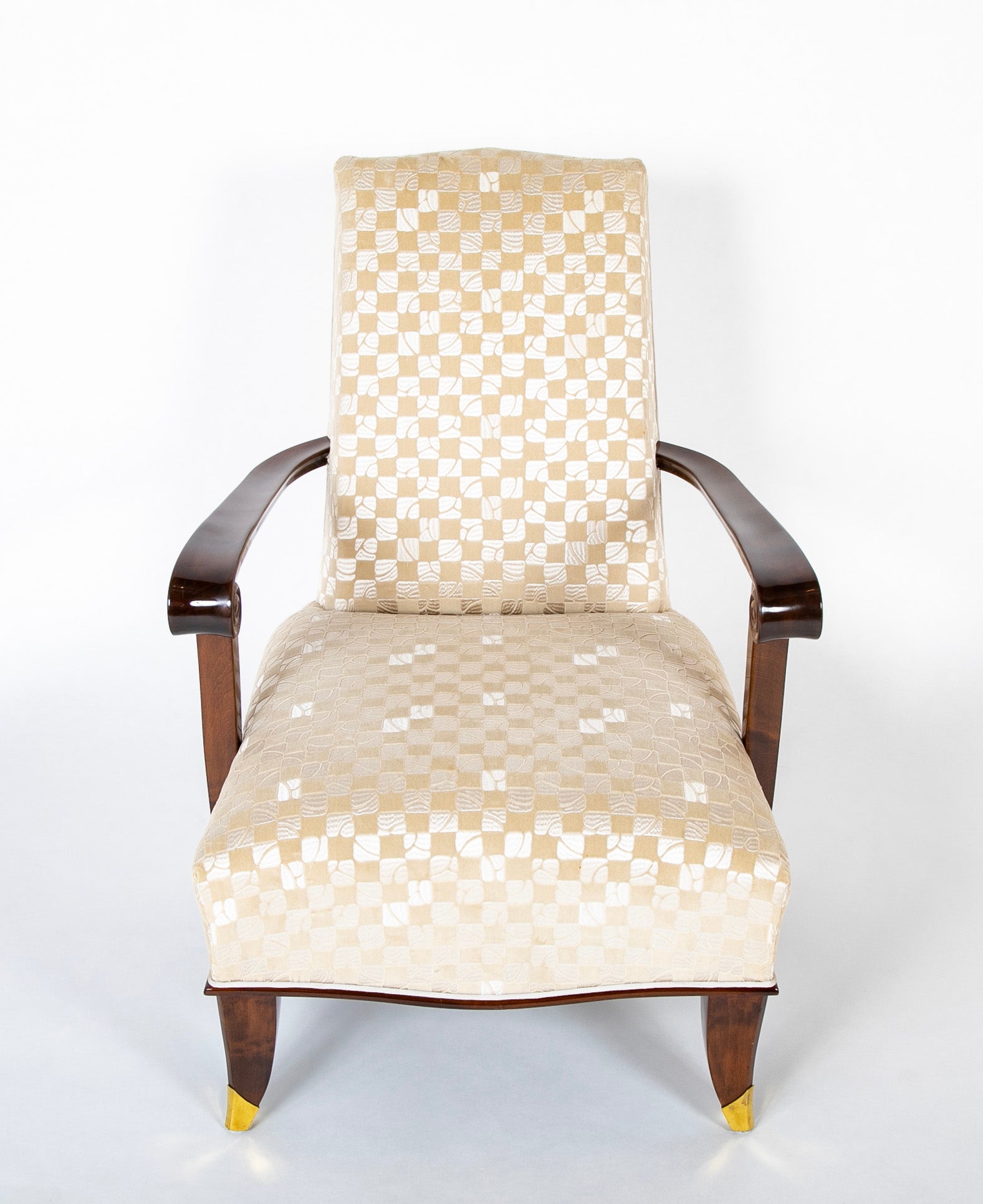 Pair of French Mahogany Upholstered Armchairs with Bronze Sabots