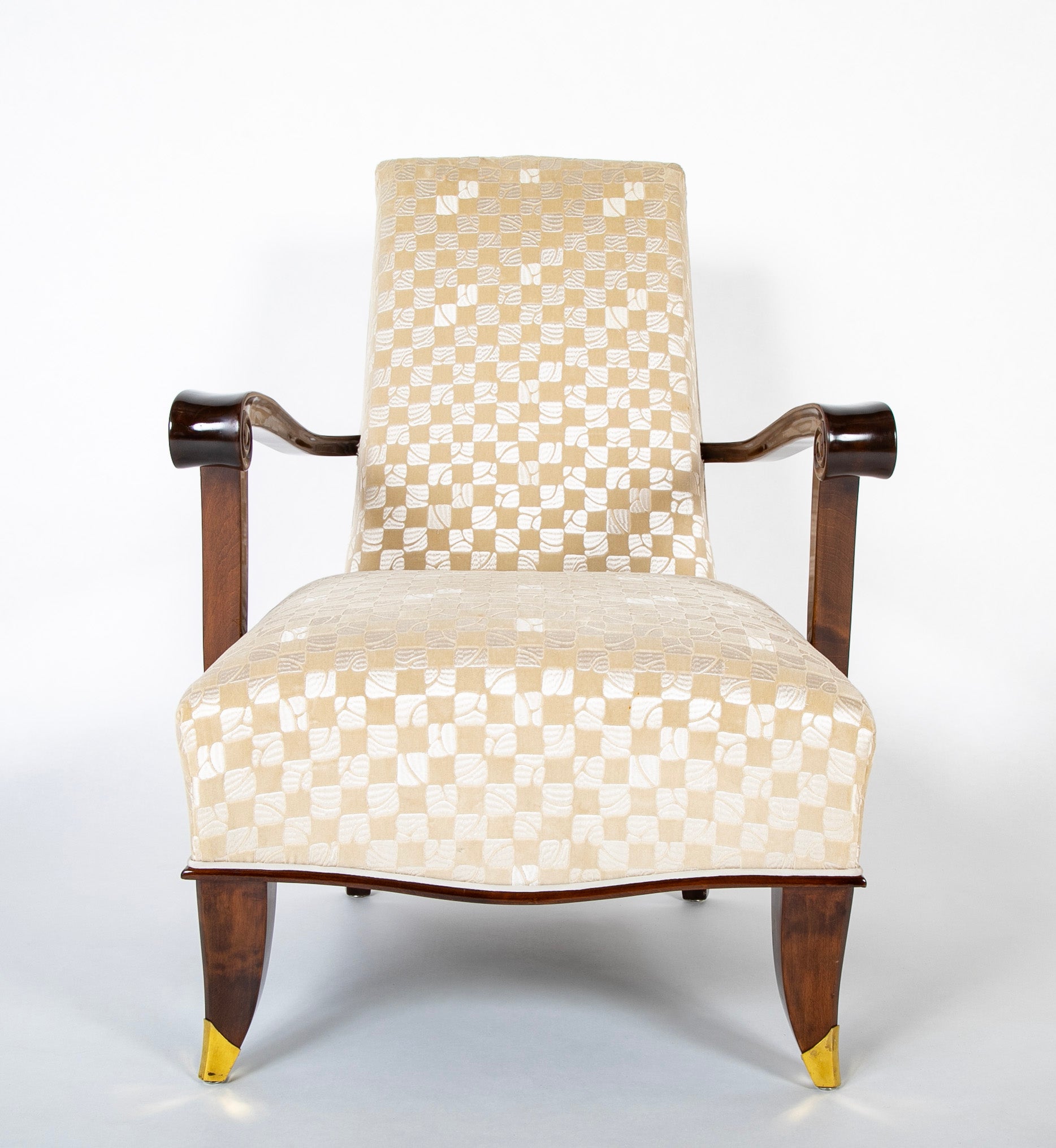 Pair of French Mahogany Upholstered Armchairs with Bronze Sabots