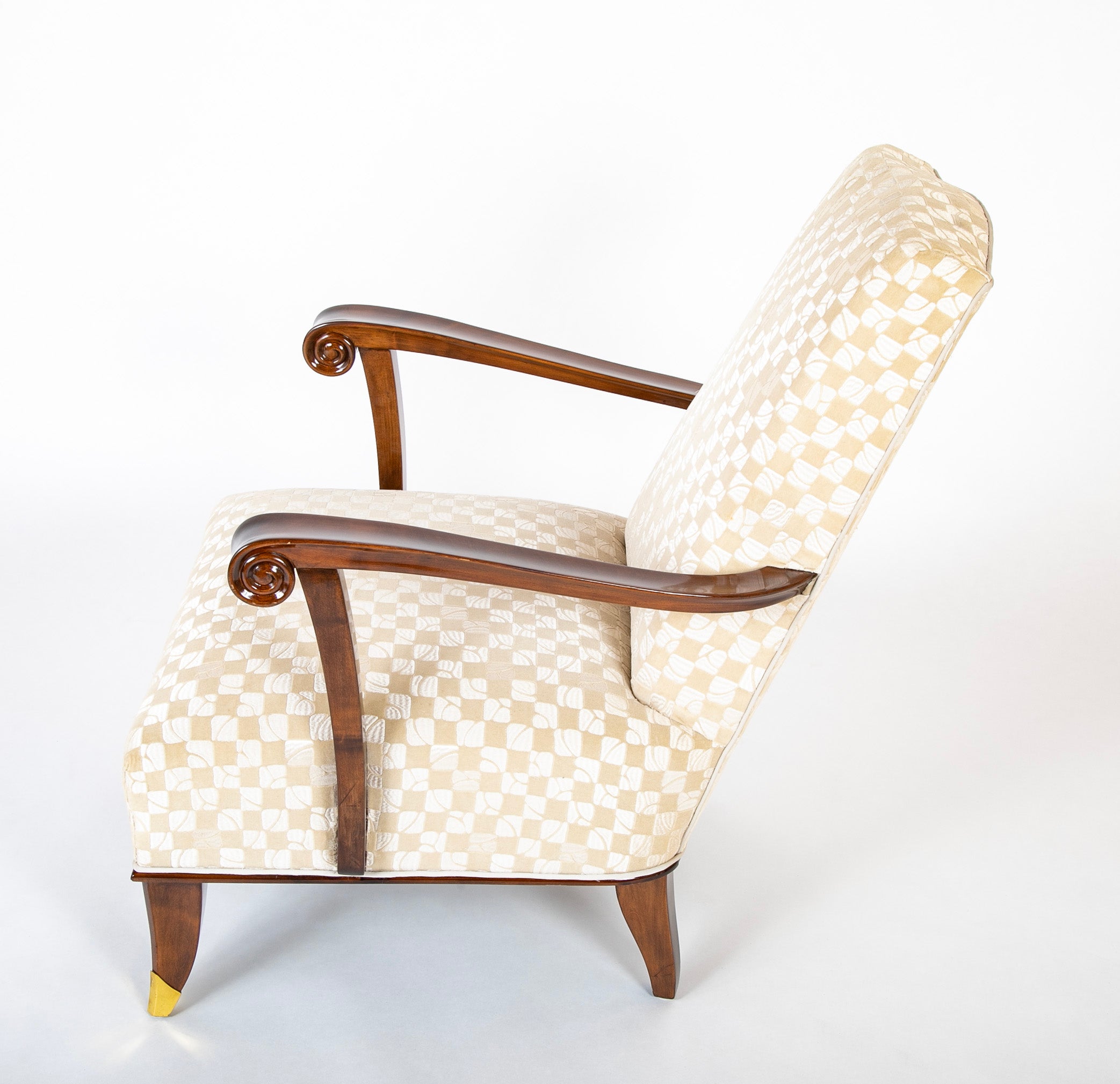 Pair of French Mahogany Upholstered Armchairs with Bronze Sabots