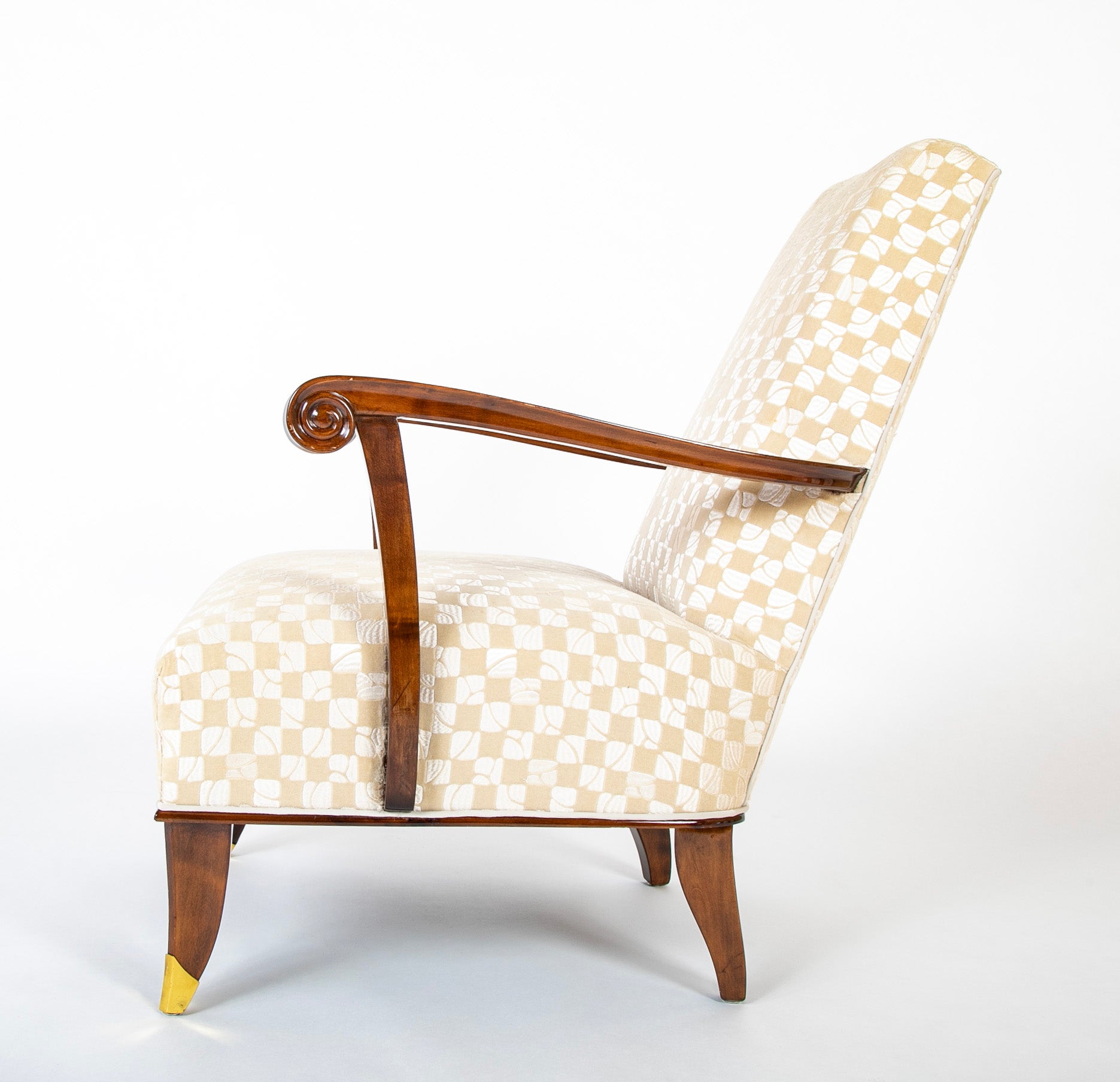 Pair of French Mahogany Upholstered Armchairs with Bronze Sabots