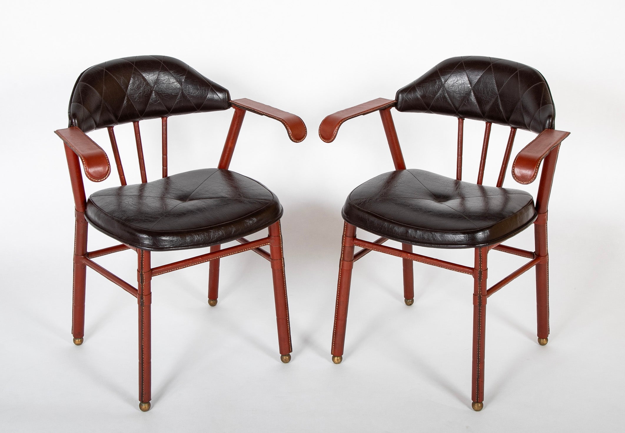 Suite of Jacques Adnet Black & Brown Leather Covered Games Table & Chairs