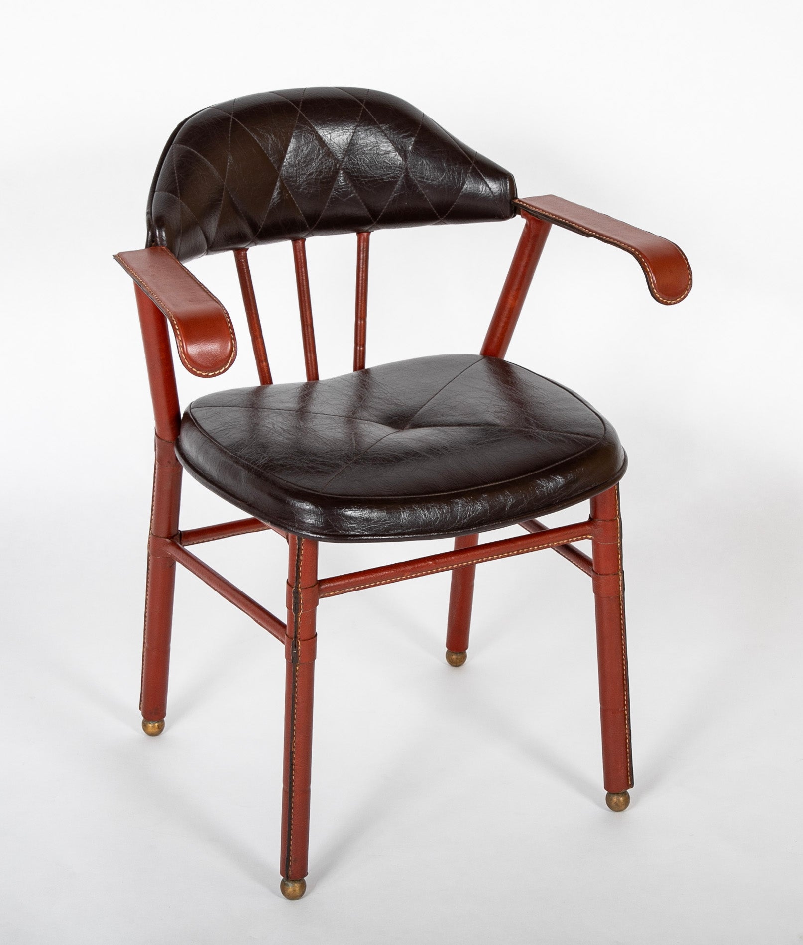 Suite of Jacques Adnet Black & Brown Leather Covered Games Table & Chairs