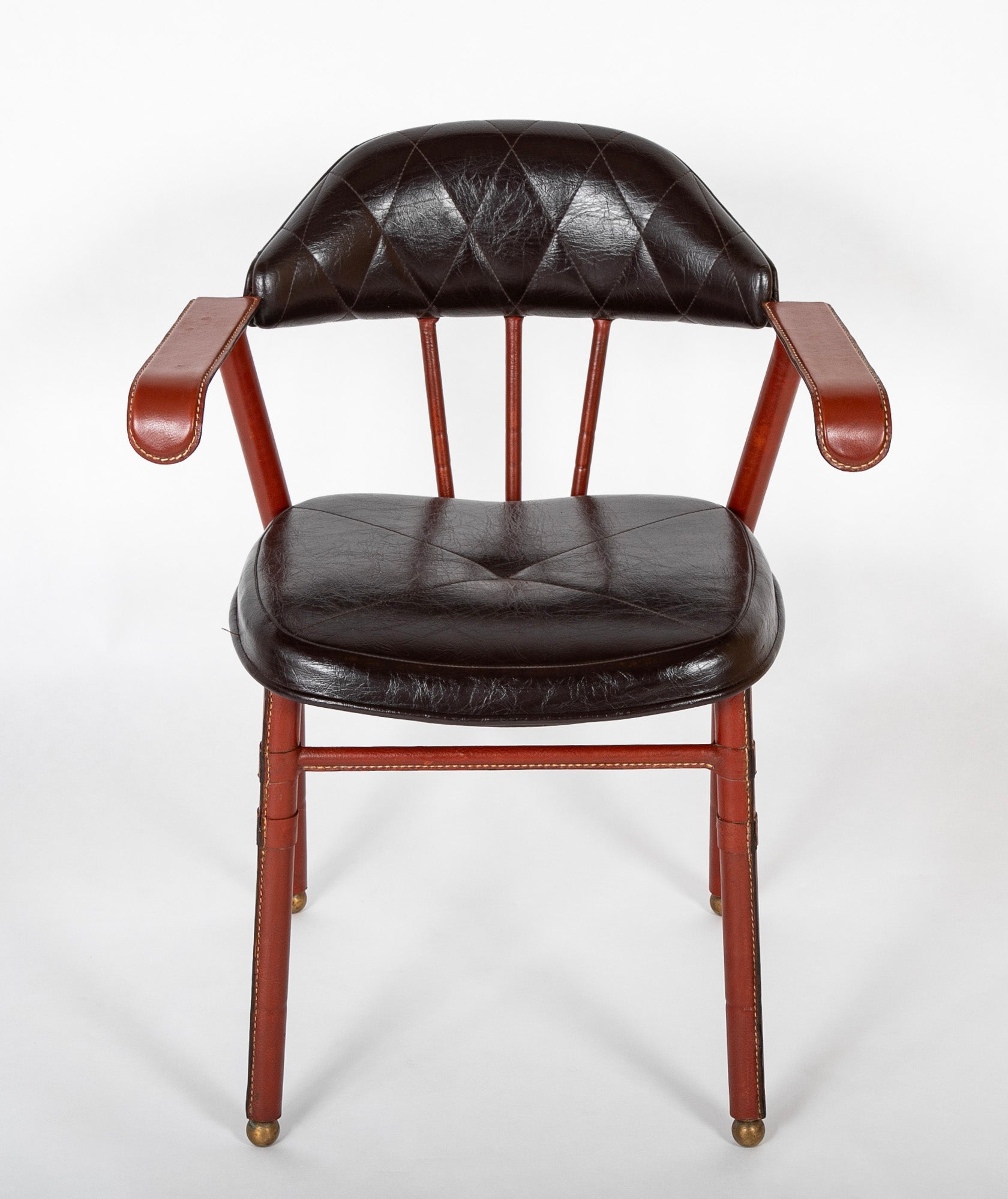 Suite of Jacques Adnet Black & Brown Leather Covered Games Table & Chairs