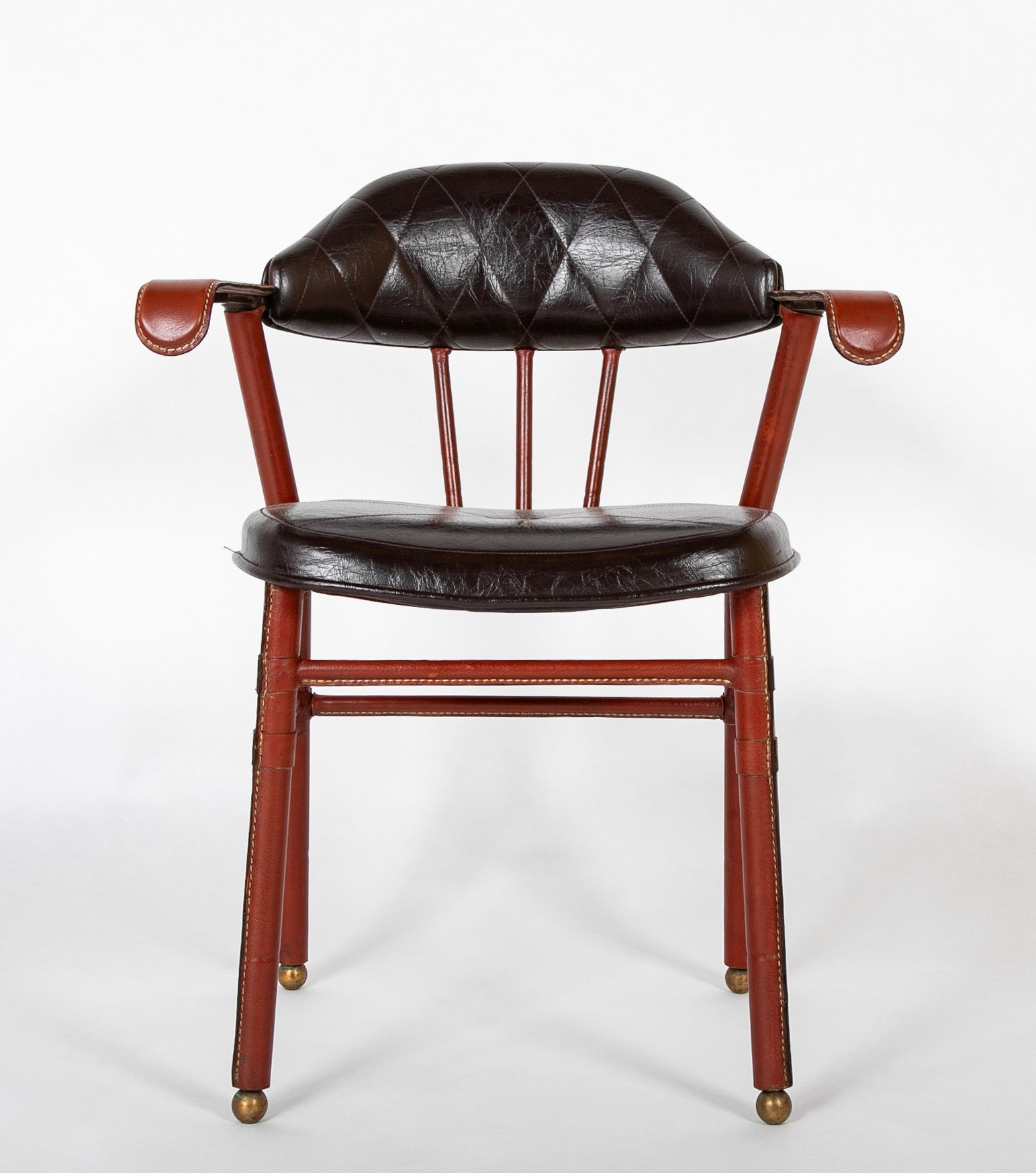 Suite of Jacques Adnet Black & Brown Leather Covered Games Table & Chairs
