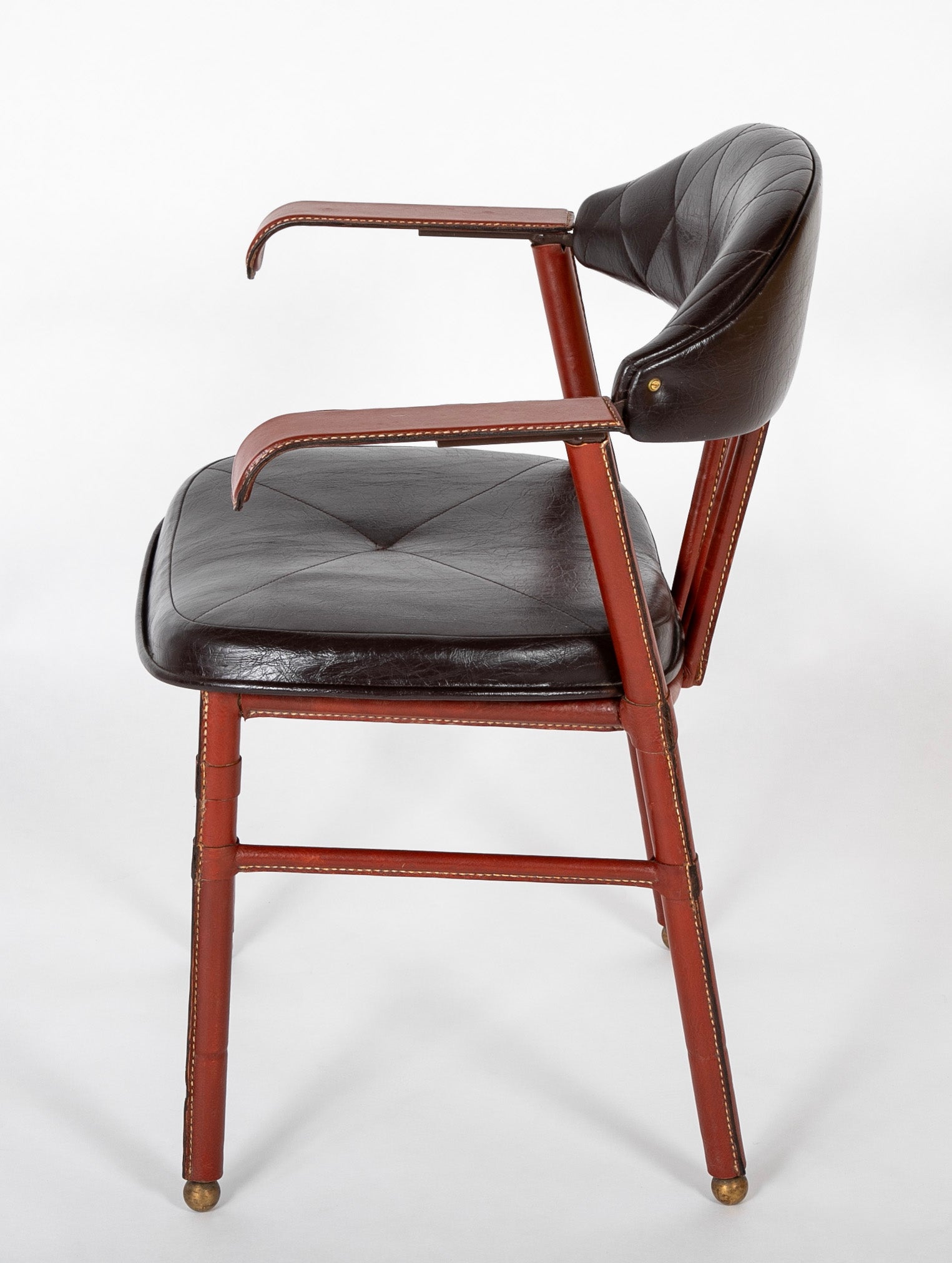 Suite of Jacques Adnet Black & Brown Leather Covered Games Table & Chairs