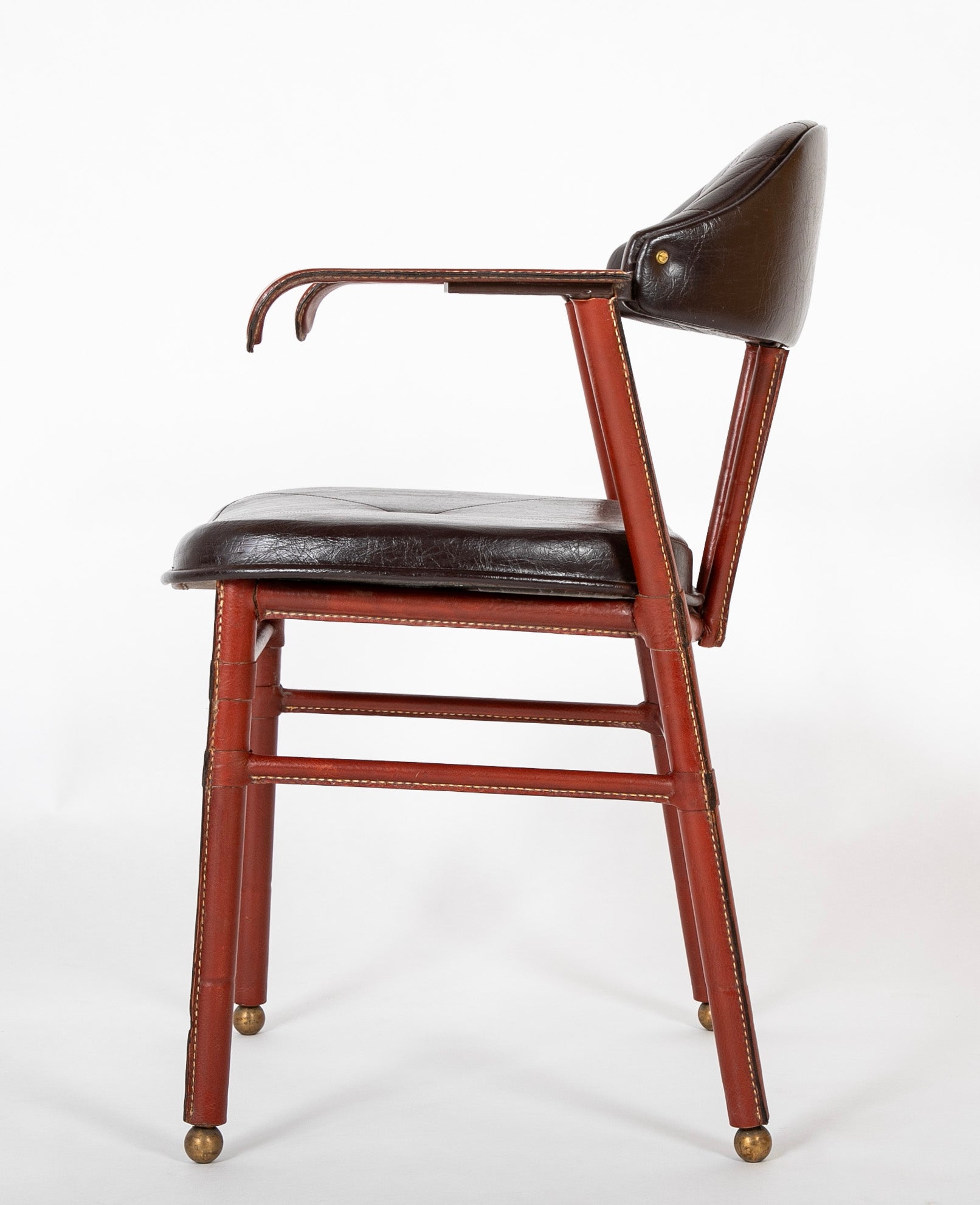 Suite of Jacques Adnet Black & Brown Leather Covered Games Table & Chairs
