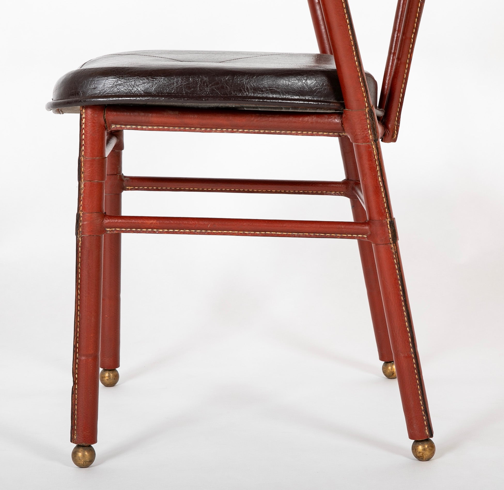 Suite of Jacques Adnet Black & Brown Leather Covered Games Table & Chairs