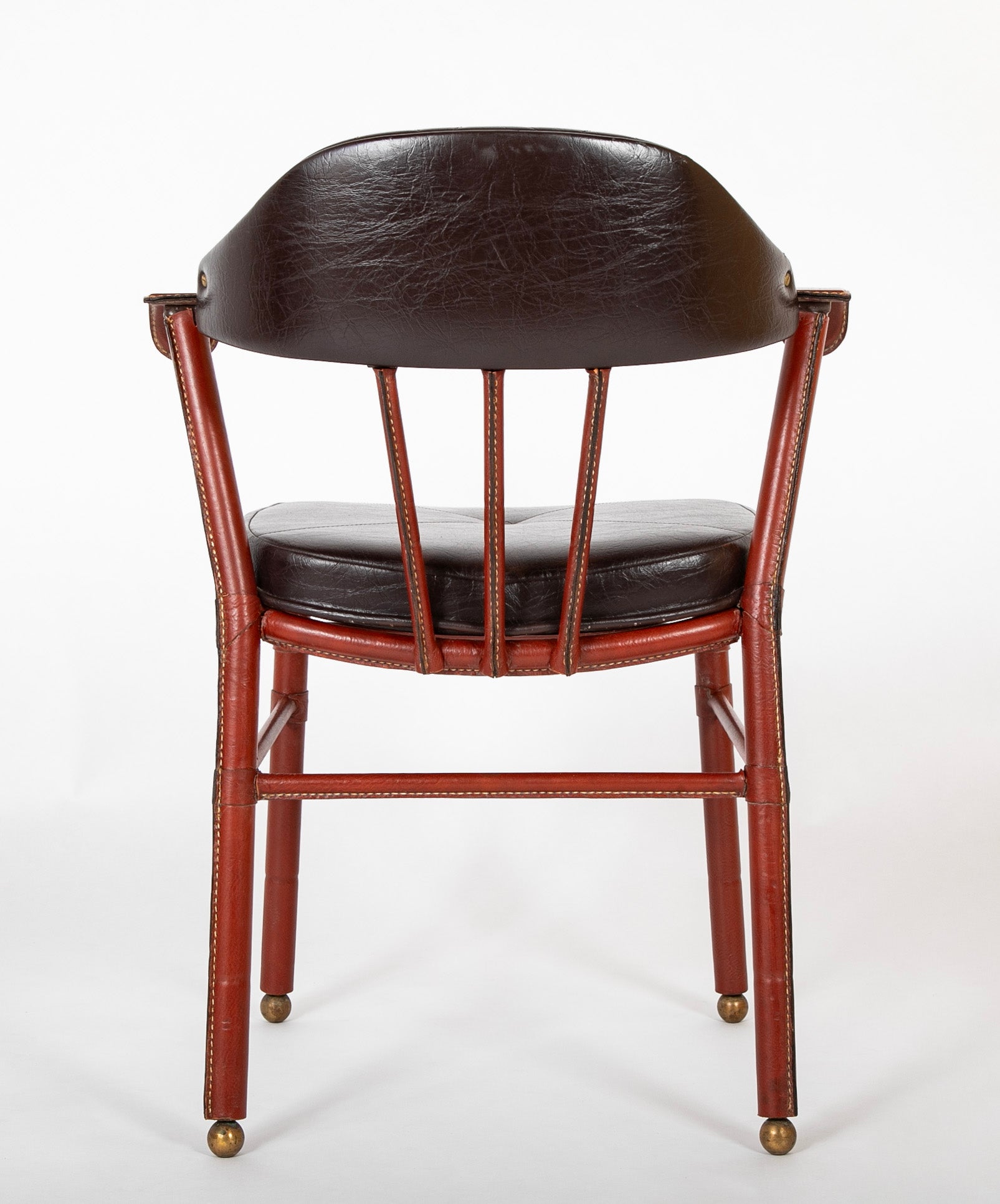Suite of Jacques Adnet Black & Brown Leather Covered Games Table & Chairs
