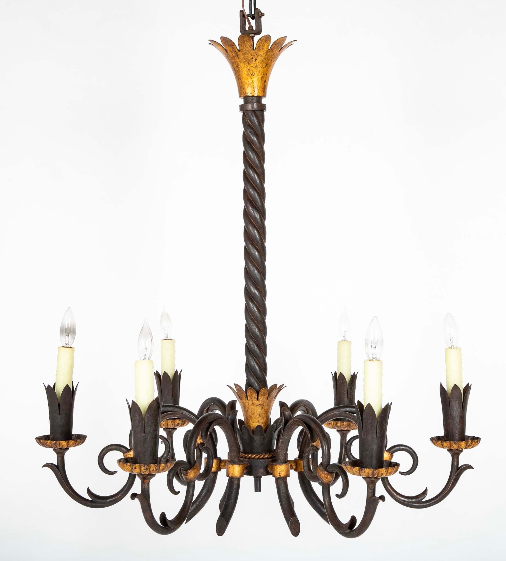 Gilbert Poillerat Designed Wrought Iron & Gilt Metal Chandelier