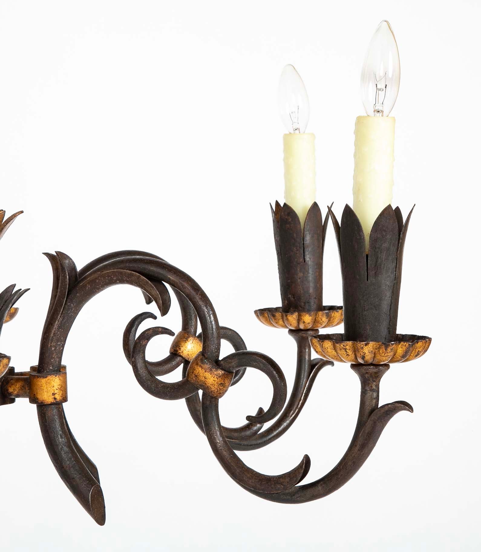 Gilbert Poillerat Designed Wrought Iron & Gilt Metal Chandelier