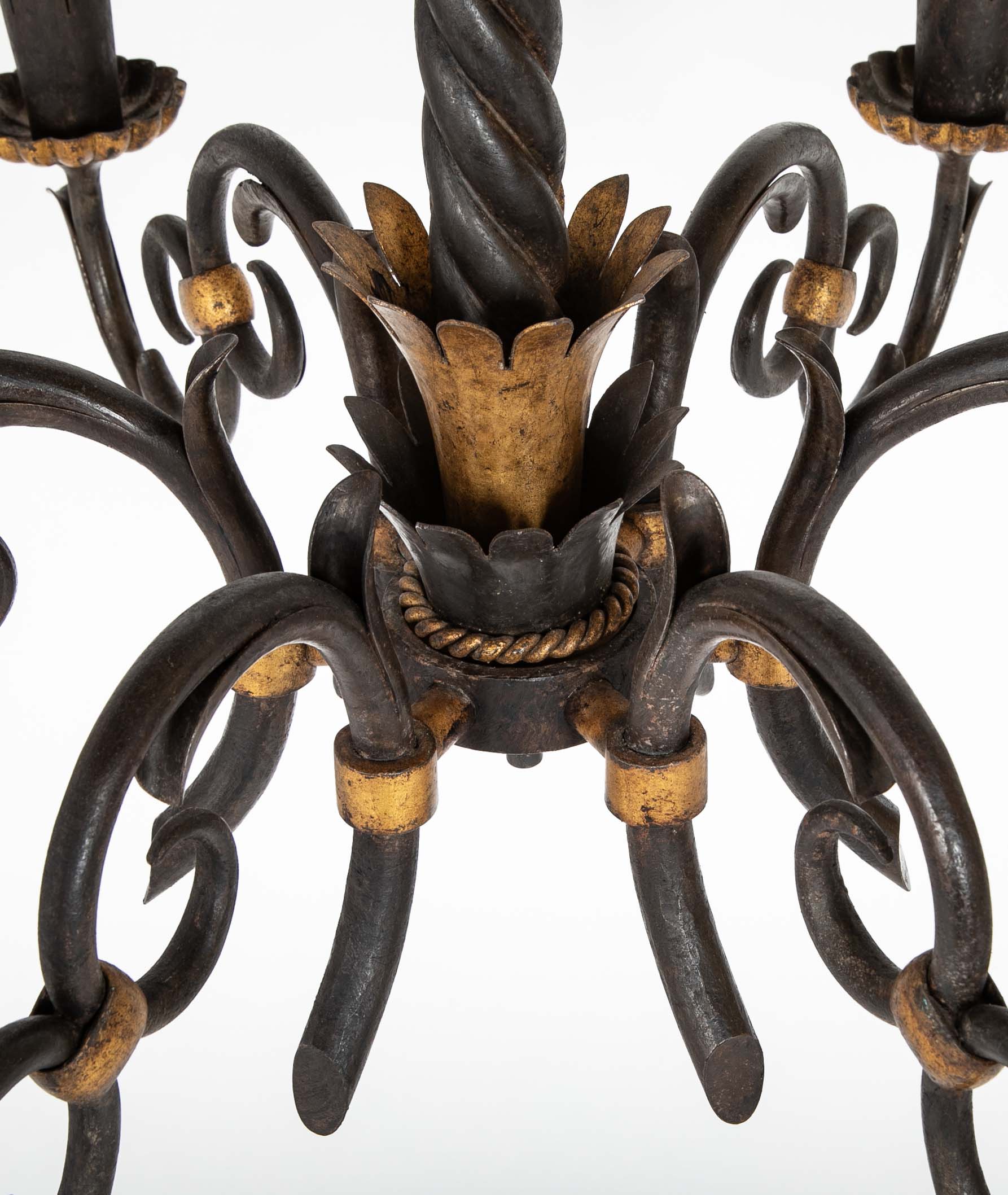 Gilbert Poillerat Designed Wrought Iron & Gilt Metal Chandelier