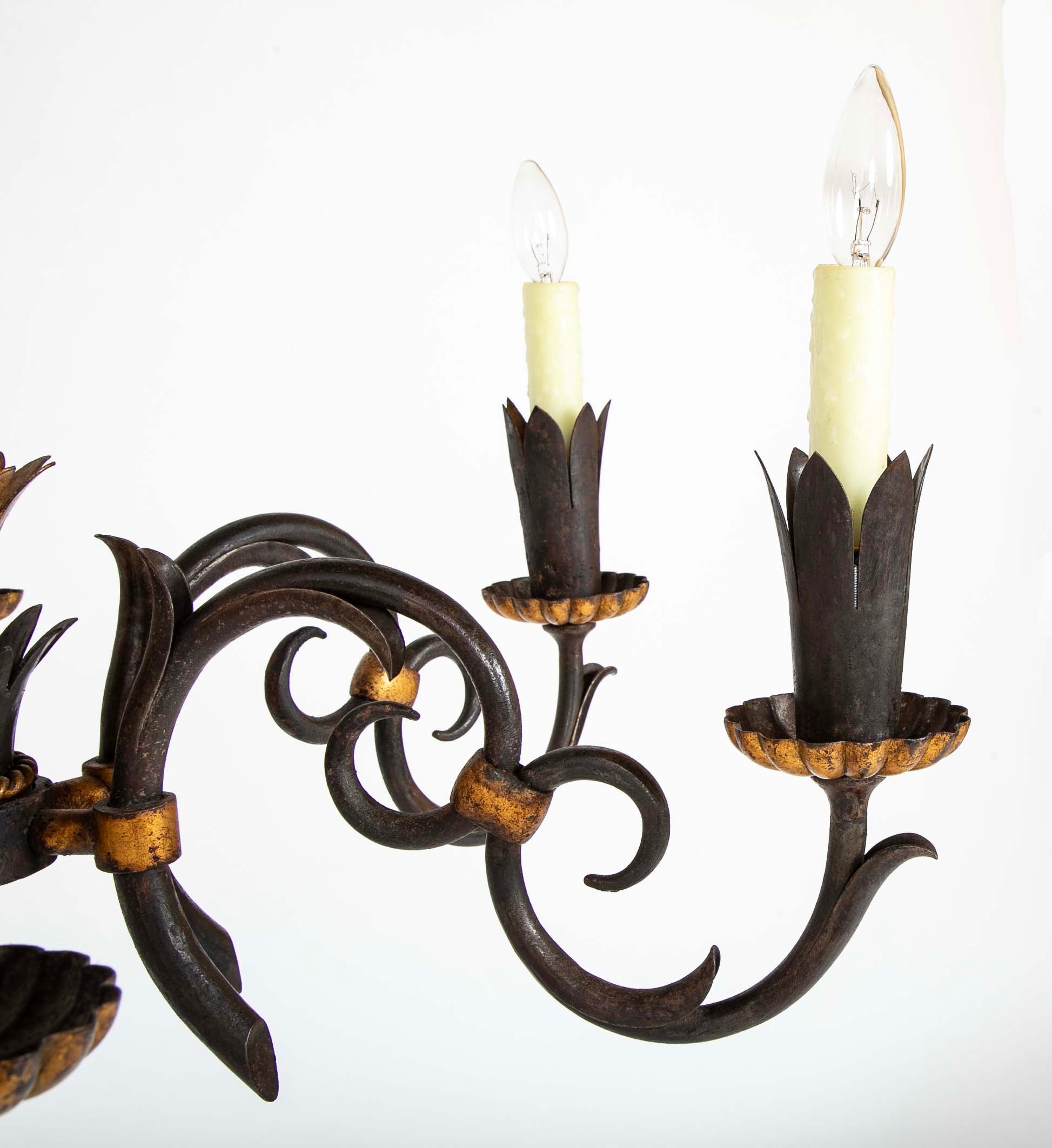 Gilbert Poillerat Designed Wrought Iron & Gilt Metal Chandelier