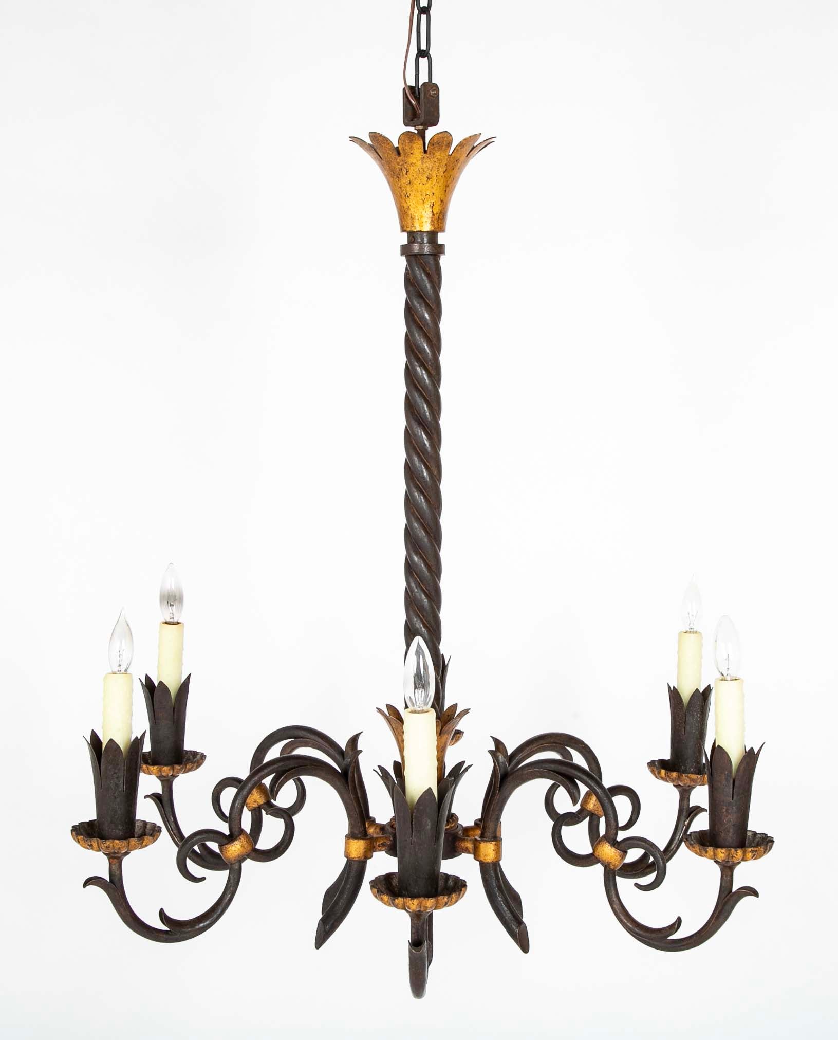 Gilbert Poillerat Designed Wrought Iron & Gilt Metal Chandelier
