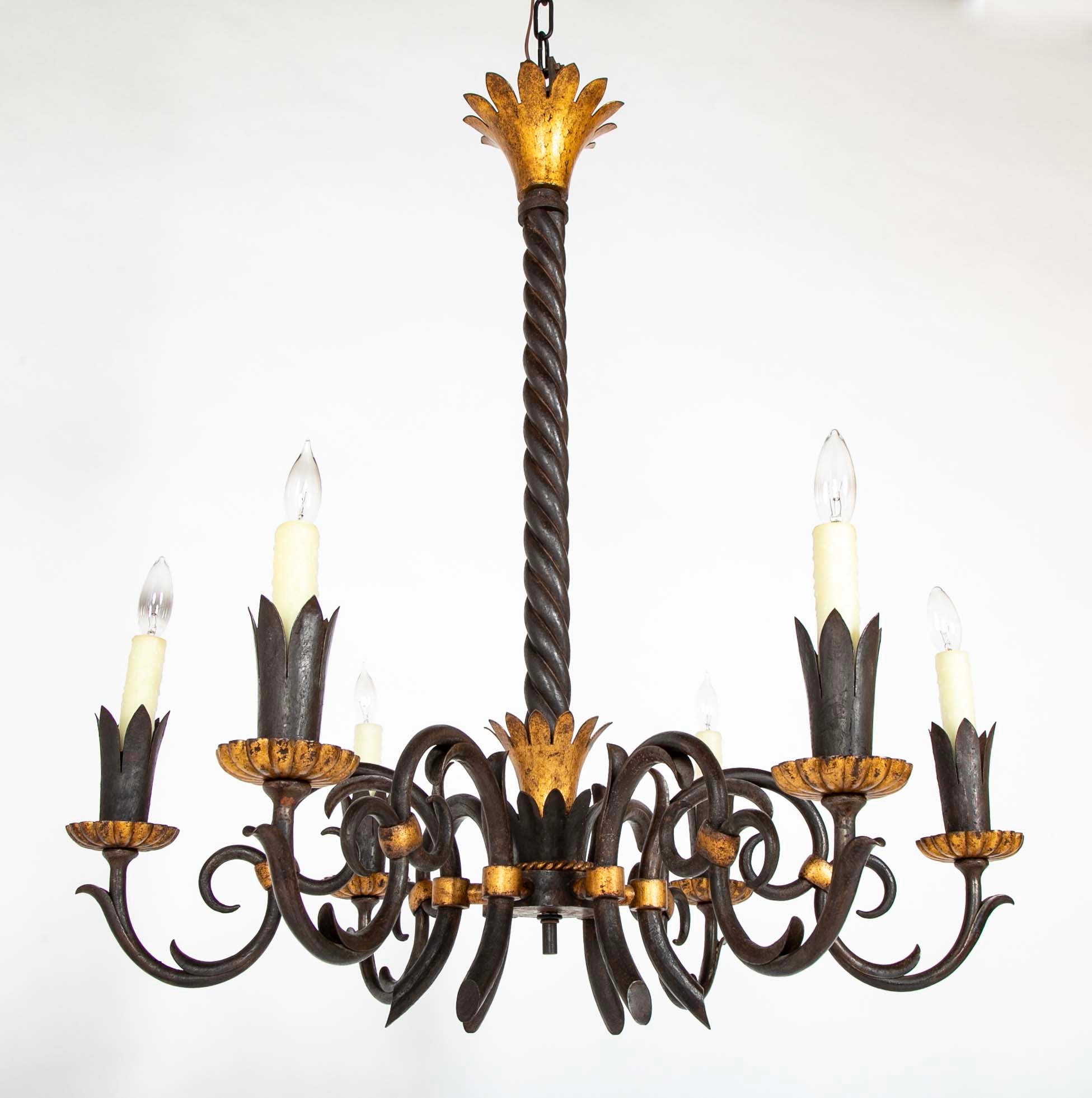 Gilbert Poillerat Designed Wrought Iron & Gilt Metal Chandelier