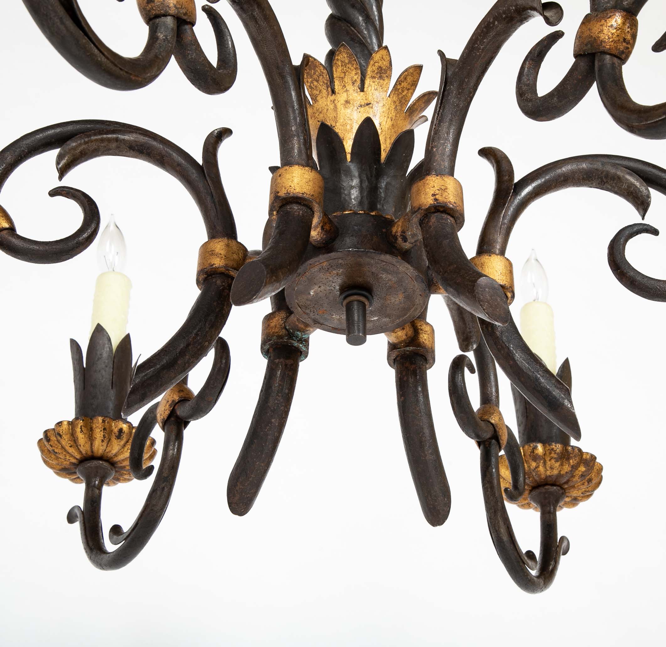 Gilbert Poillerat Designed Wrought Iron & Gilt Metal Chandelier