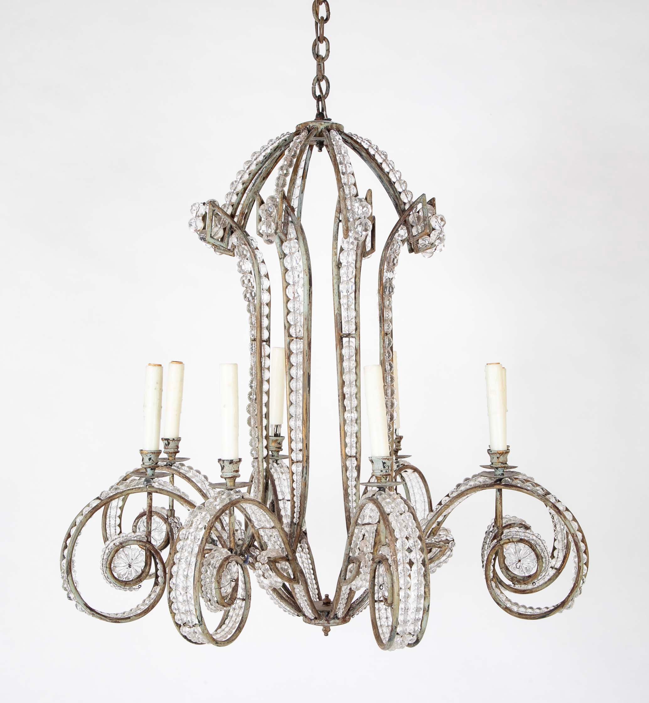 A Late 20th Century 8 Light Metal and Crystal Bead Chandelier