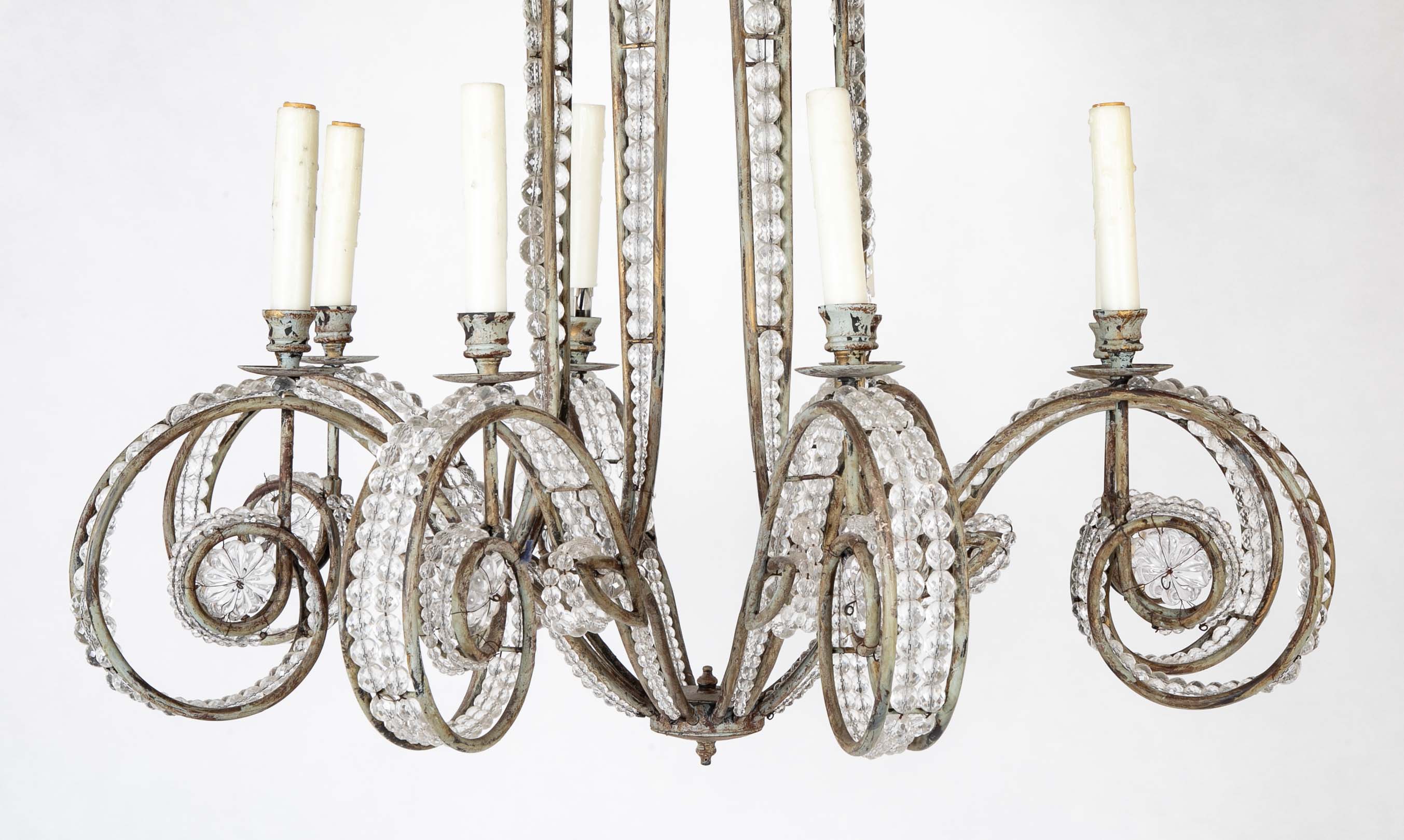 A Late 20th Century 8 Light Metal and Crystal Bead Chandelier