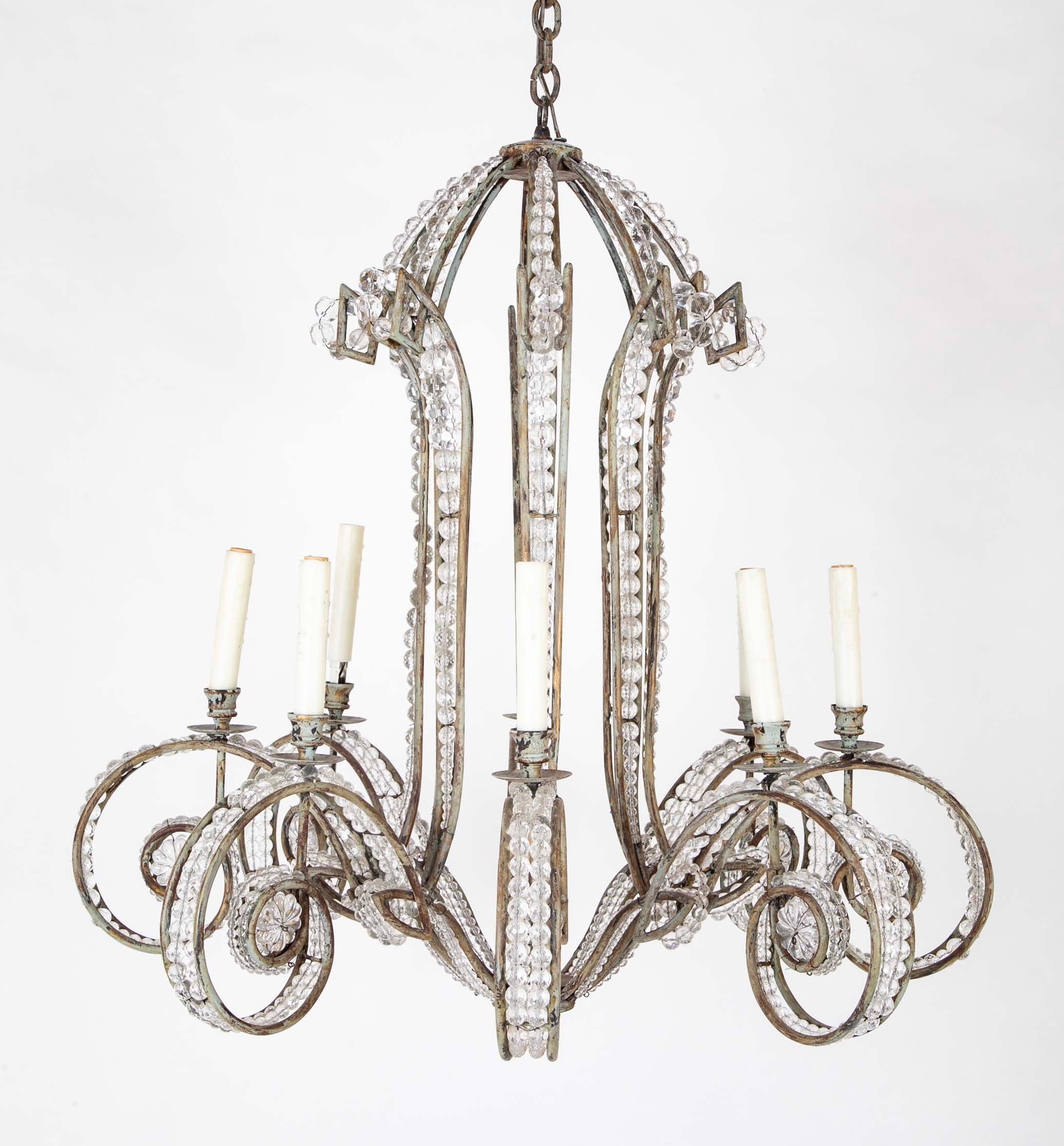A Late 20th Century 8 Light Metal and Crystal Bead Chandelier